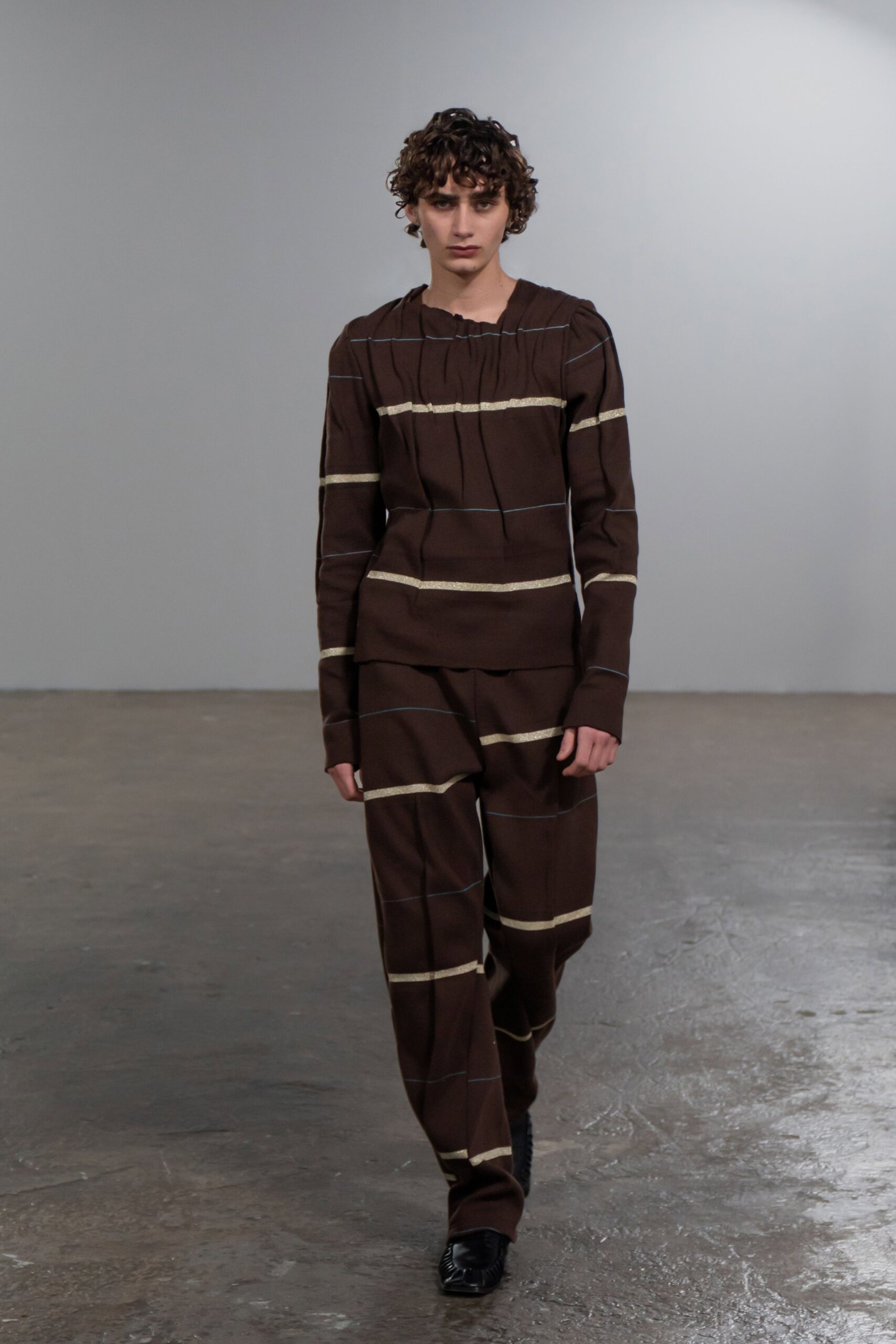 brown striped top and pants