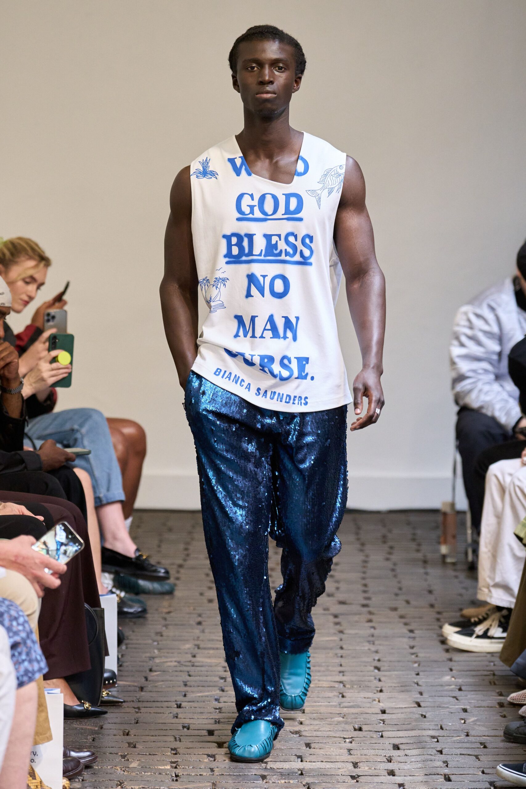 white blue printed tank-top with sequined pants
