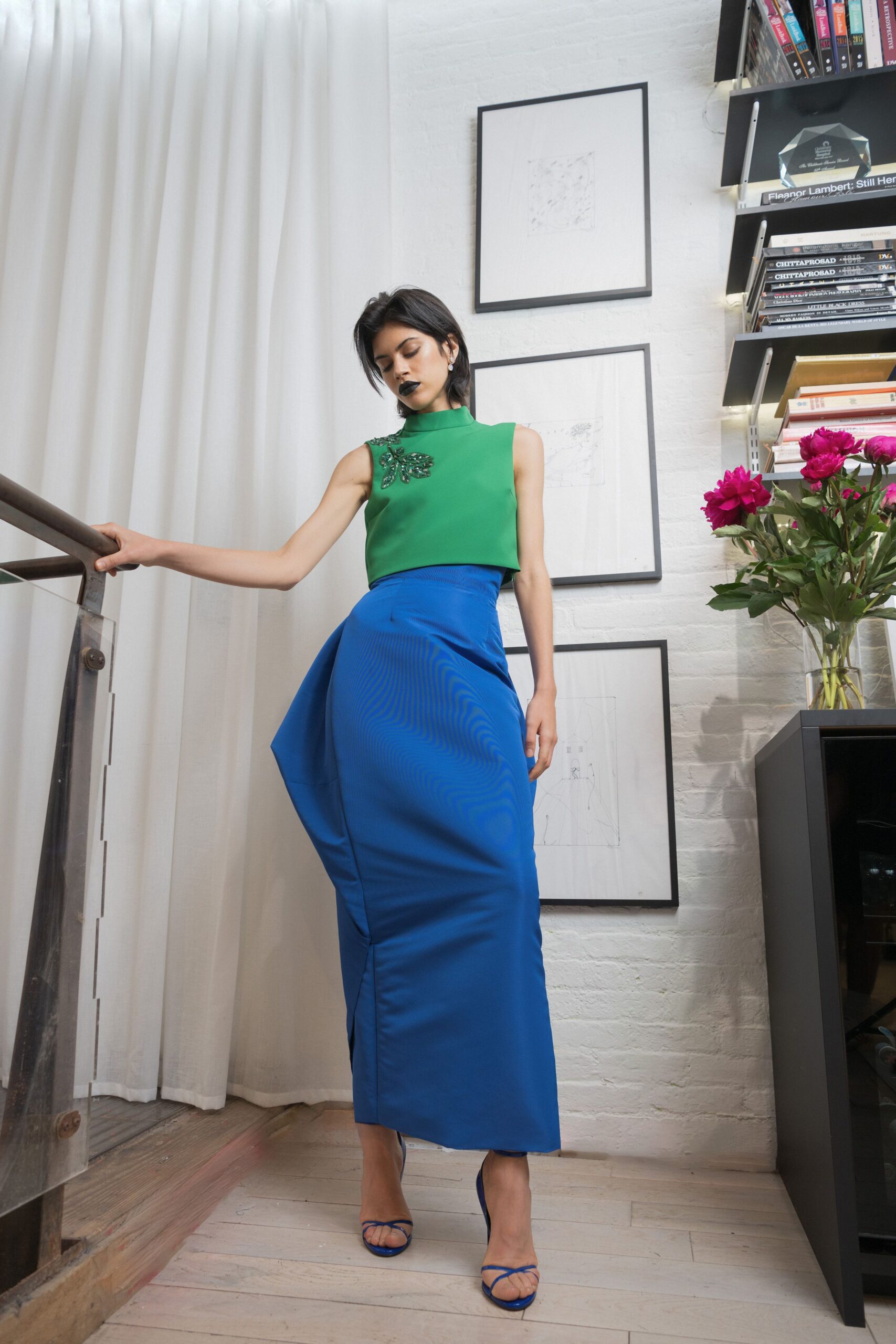 green fitted top blue midi skirt