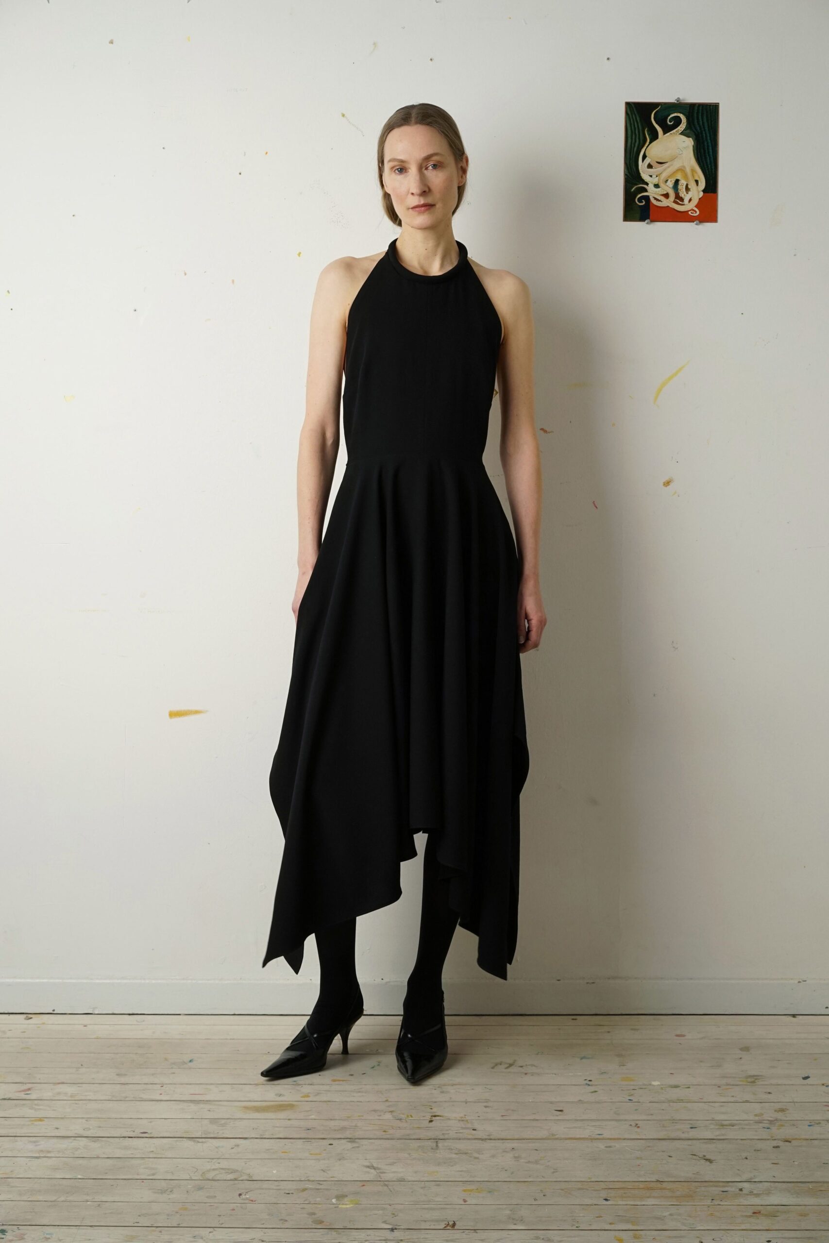black halter midi dress with heels
