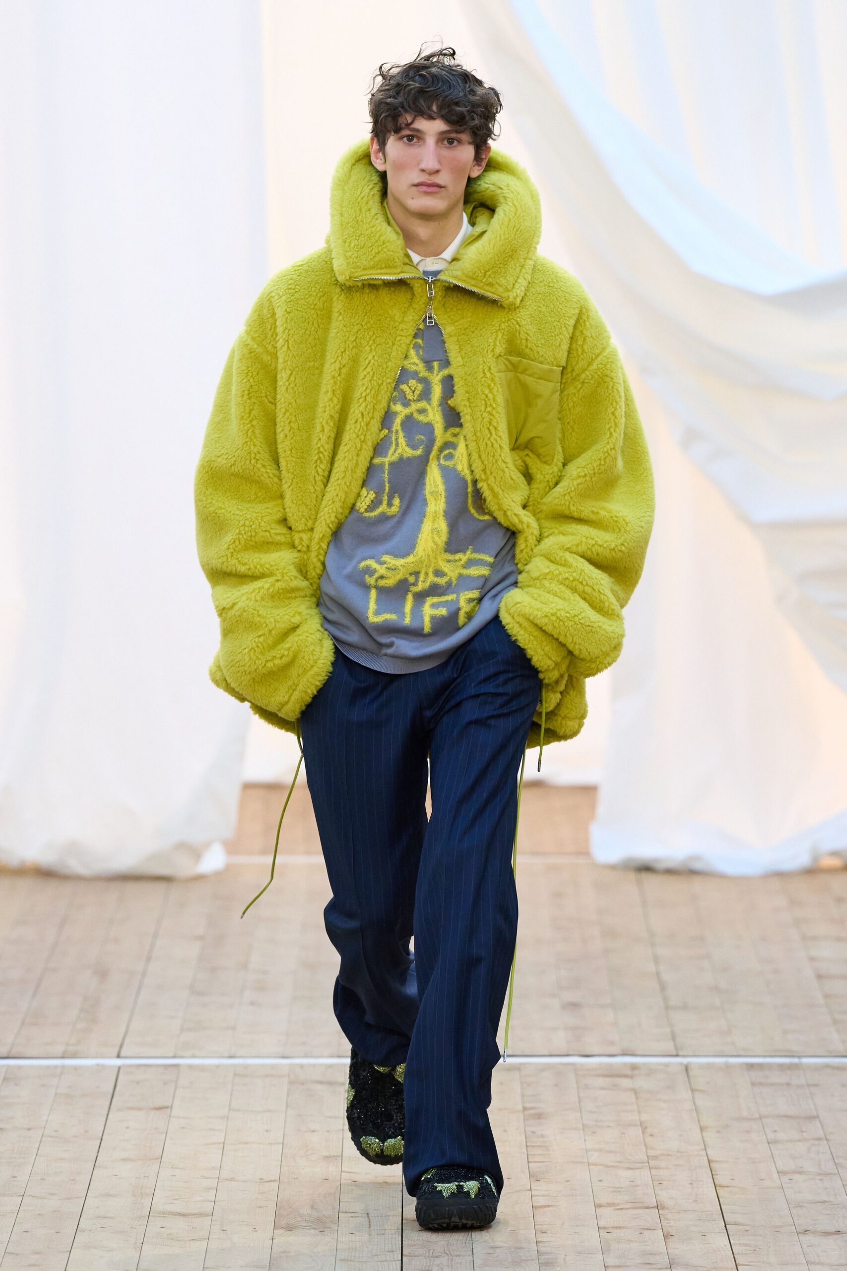 oversized green faux-fur jacket