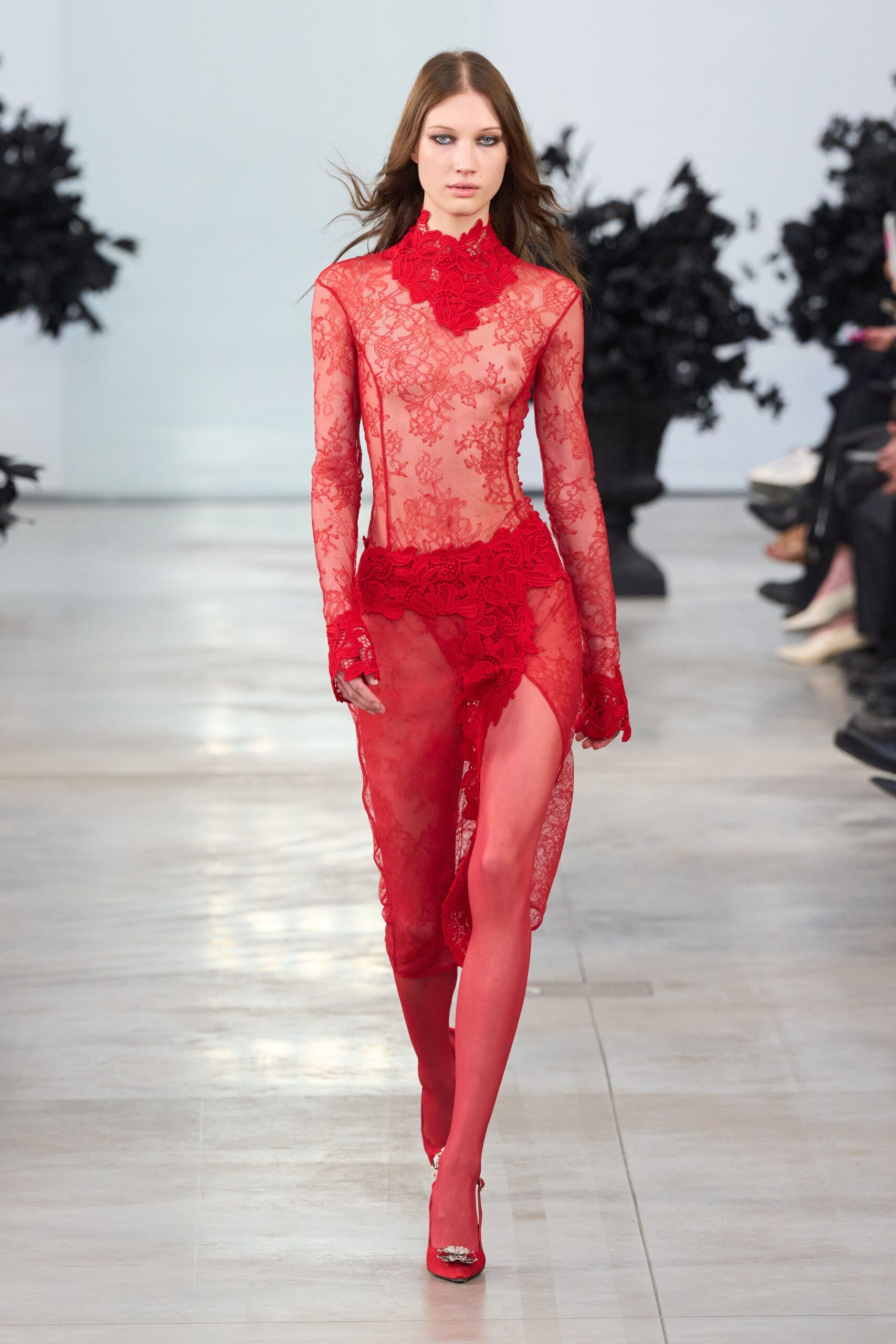 red lace long-sleeve high-neck fitted embroidered dress