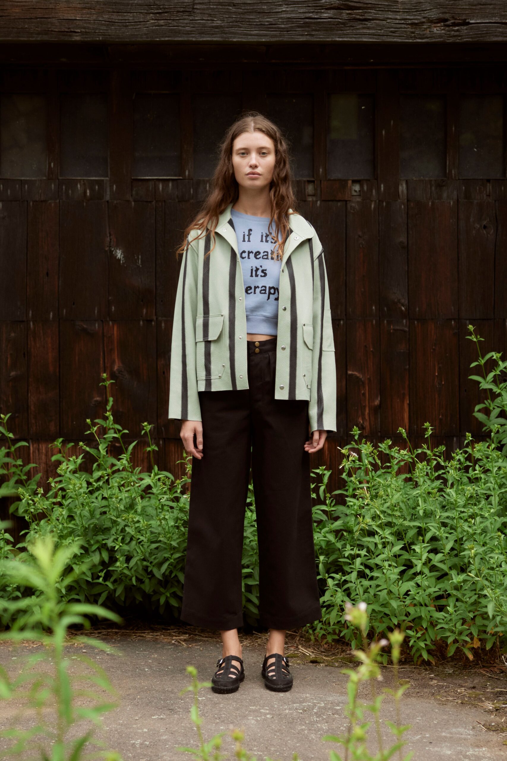 green cotton long-sleeve collared relaxed striped jacket
