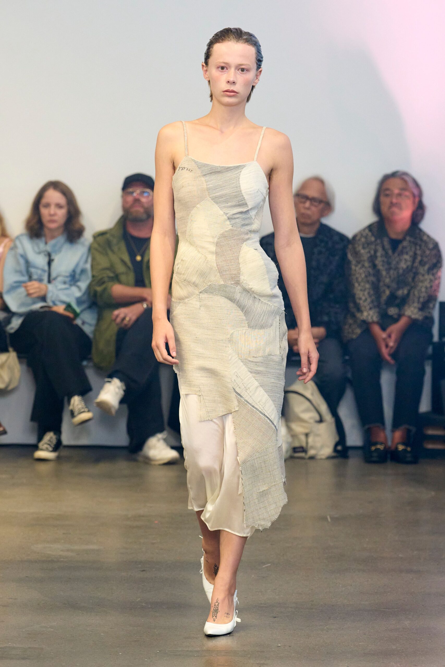 white silk sleeveless scoop-neck fitted layered draped dress