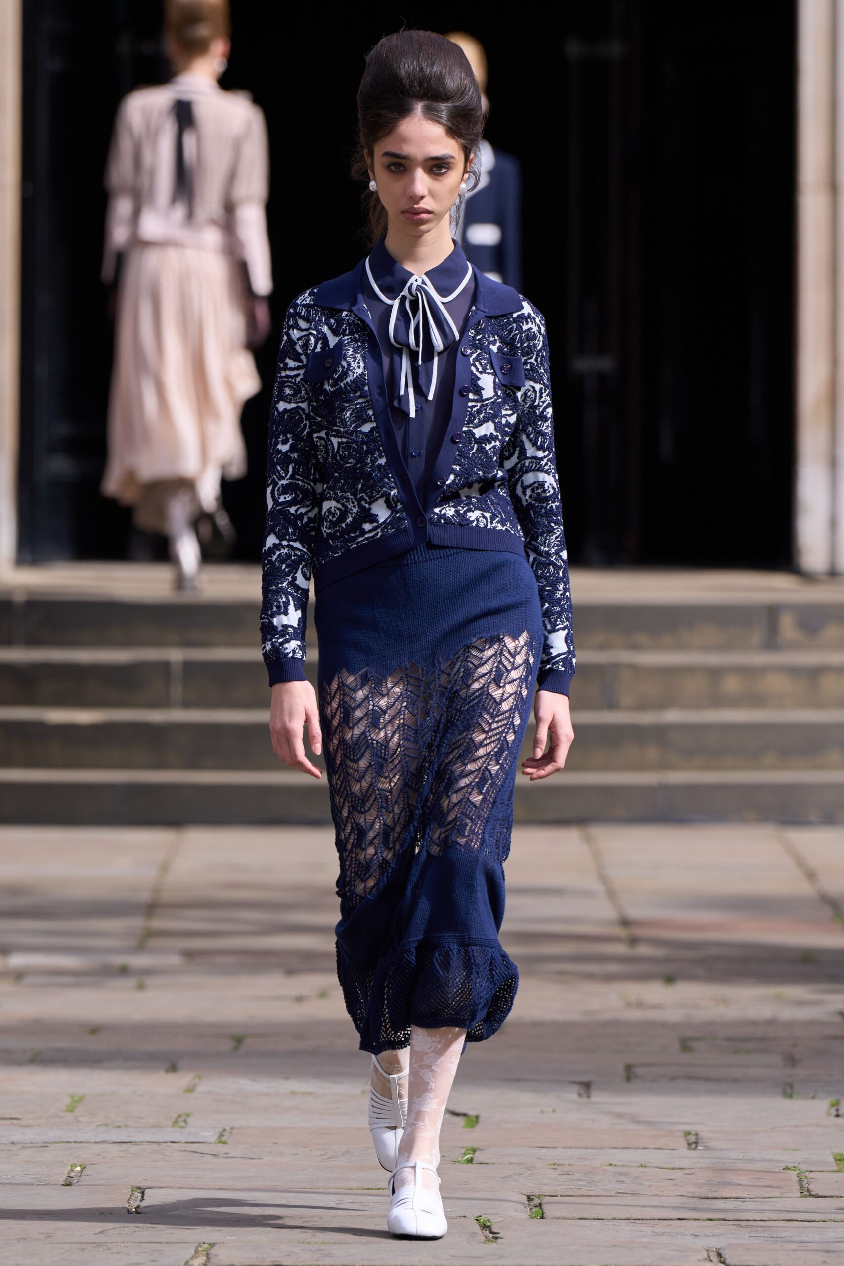 blue lace fitted tiered sheer midi skirt