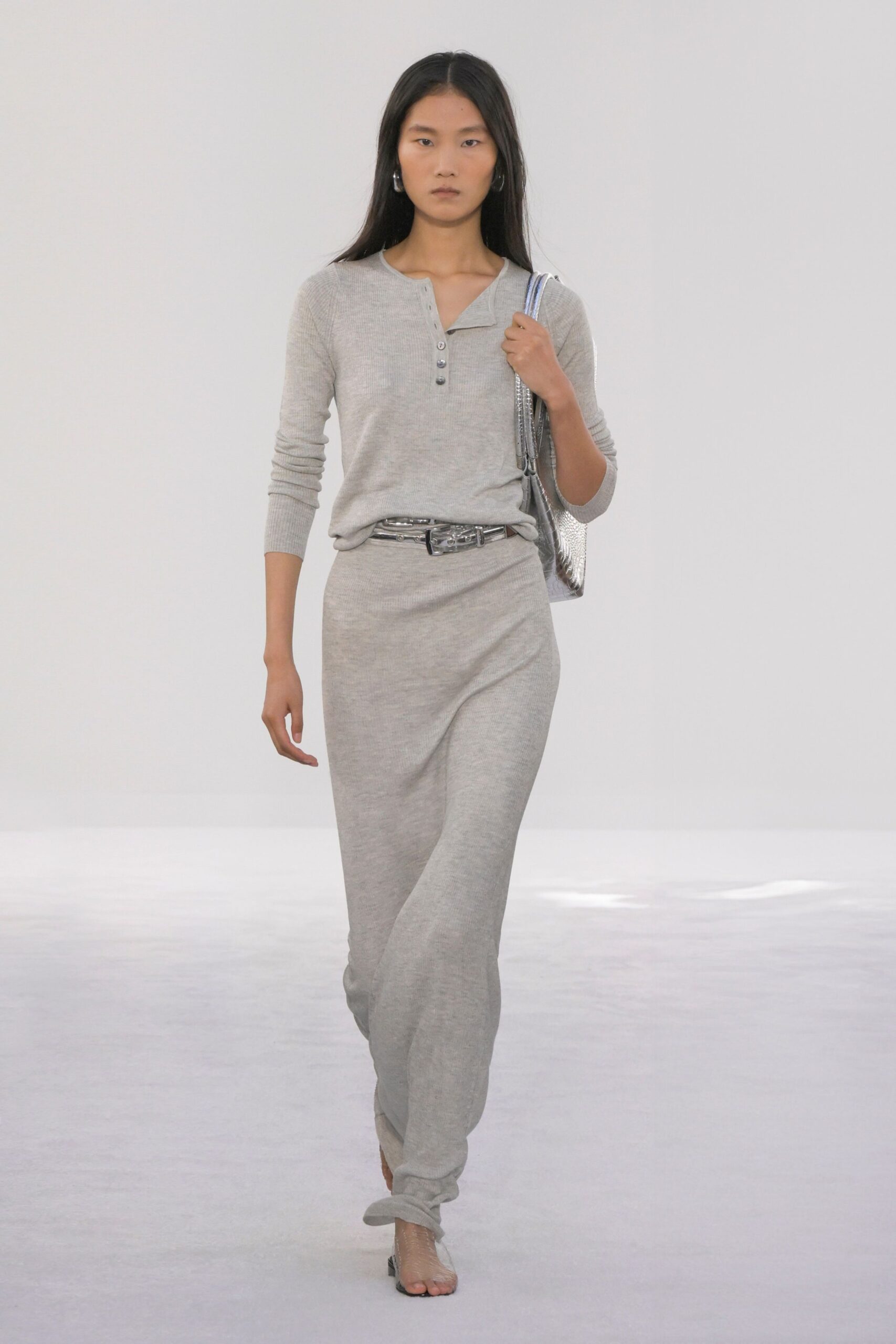 gray cotton long-sleeve collared relaxed draped maxi dress