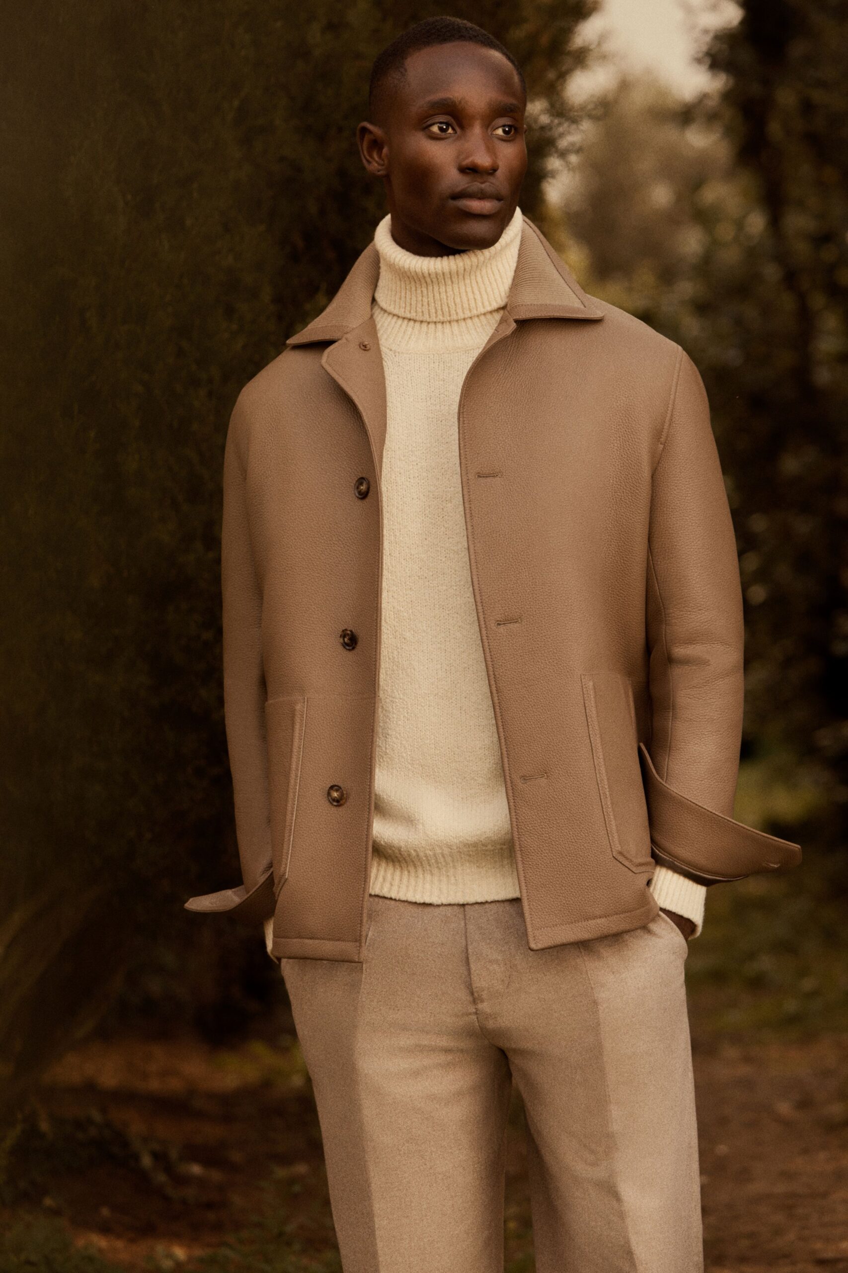beige wool long-sleeve collared structured buttoned jacket