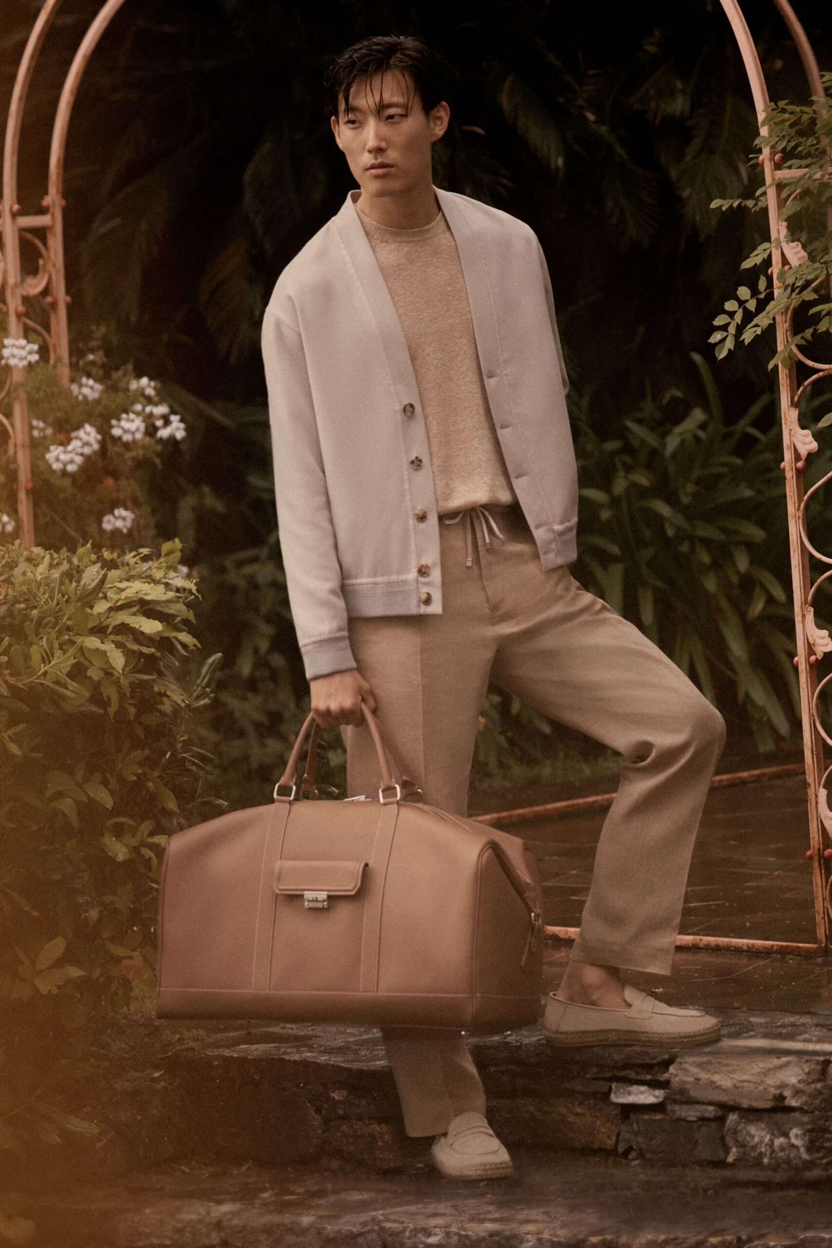 beige cardigan brown top beige pants