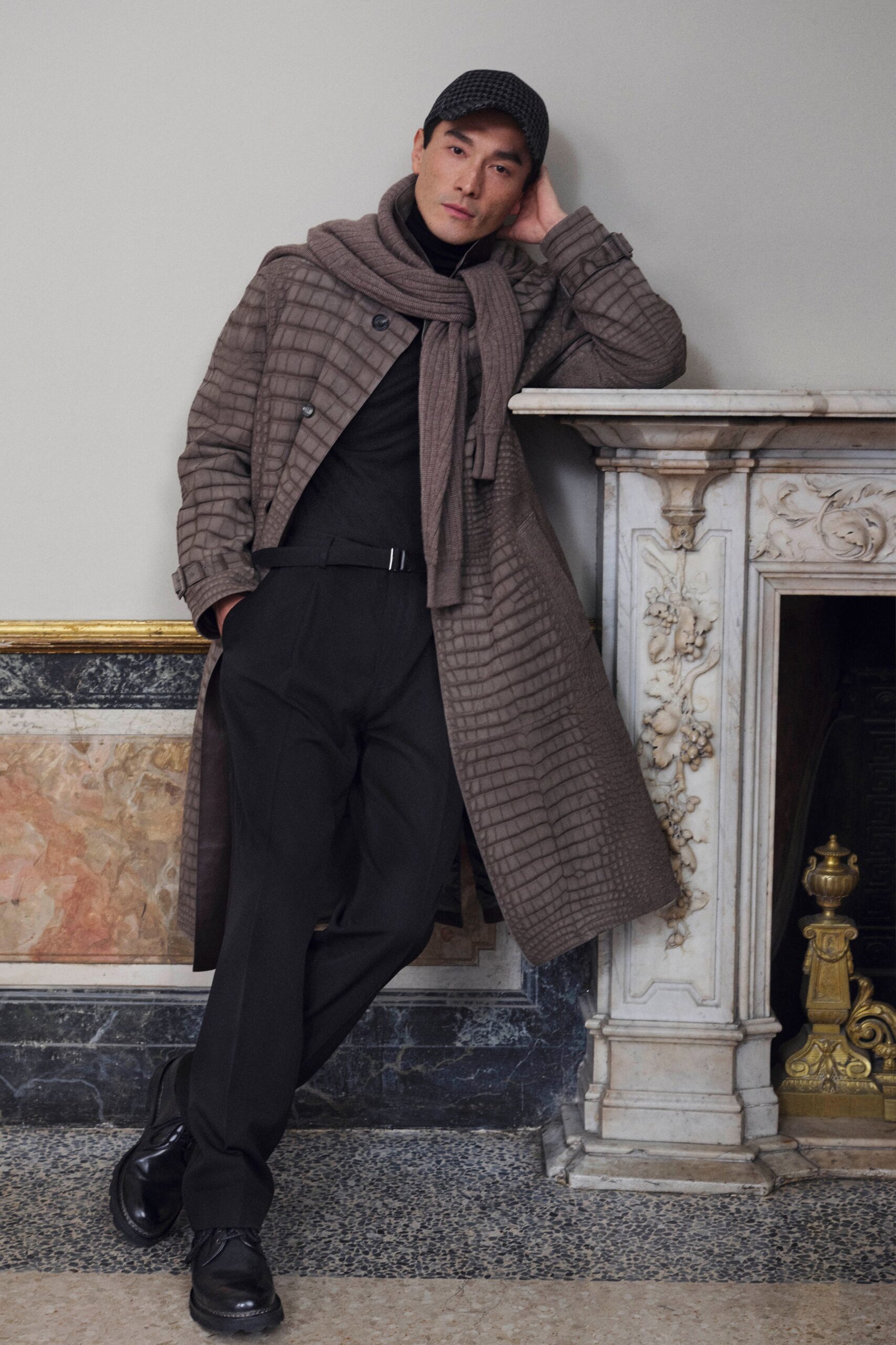 brown wool long-sleeve collared structured buttoned textured coat