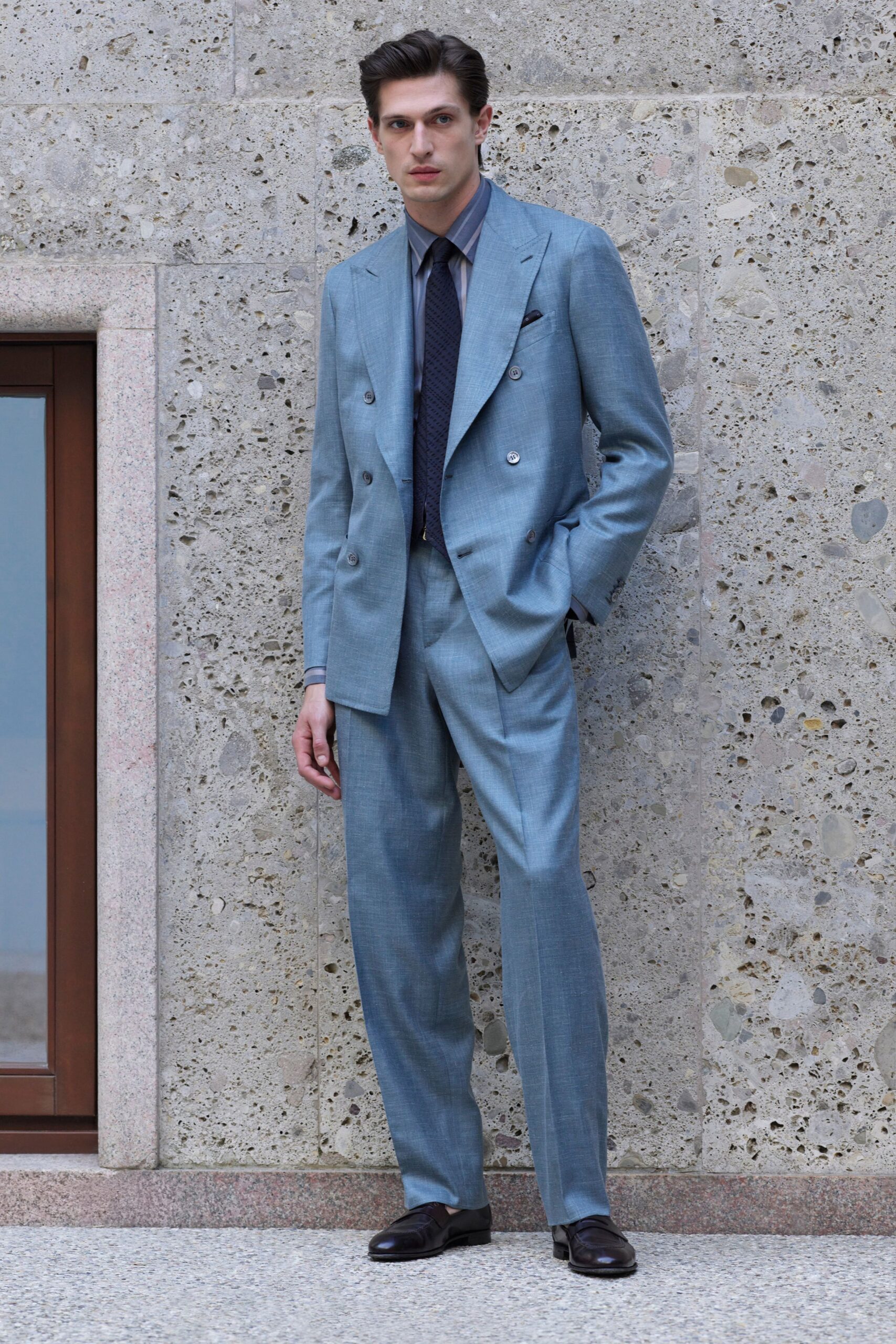 blue tailored suit with shoes