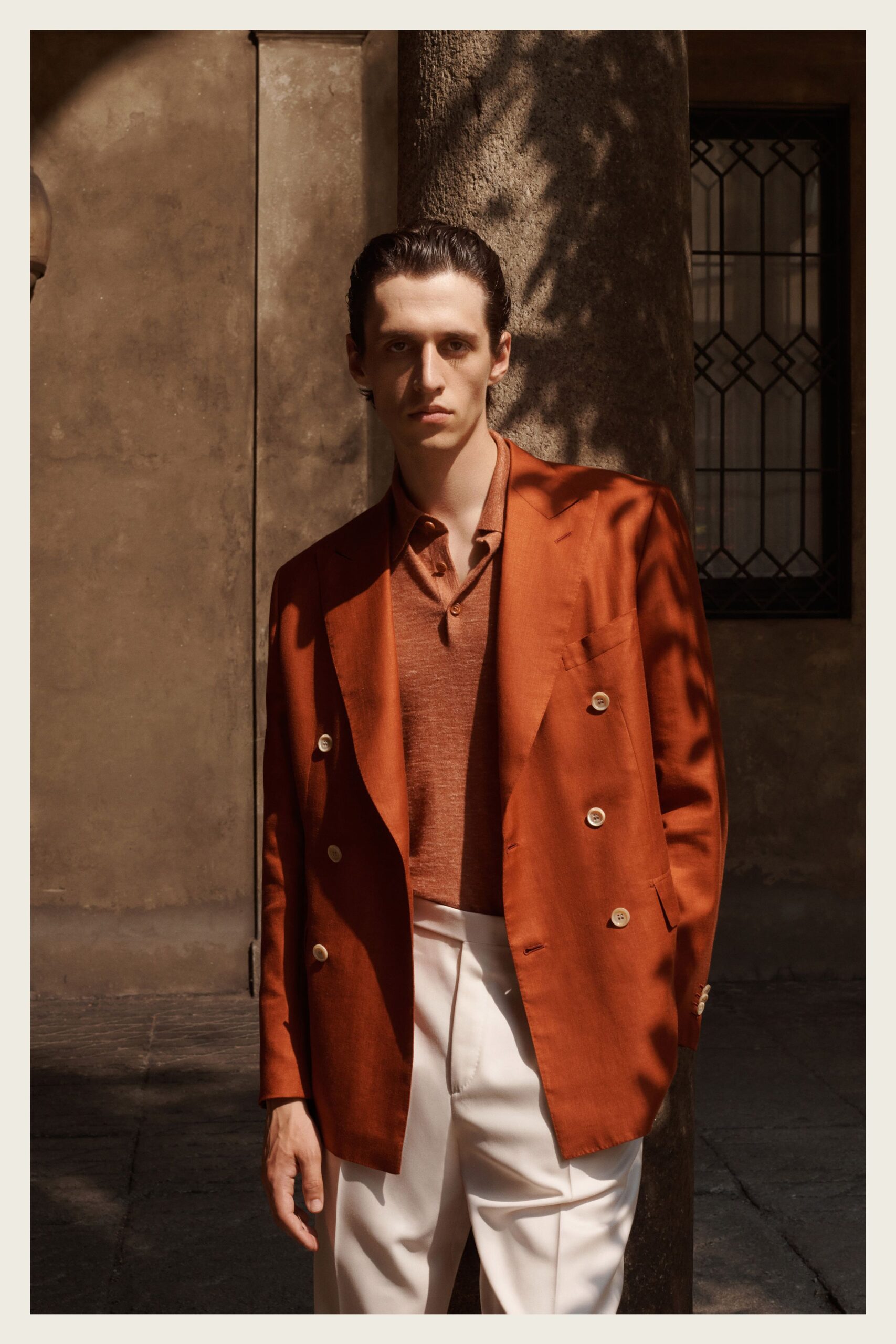 orange silk long-sleeve collared structured buttoned pockets blazer
