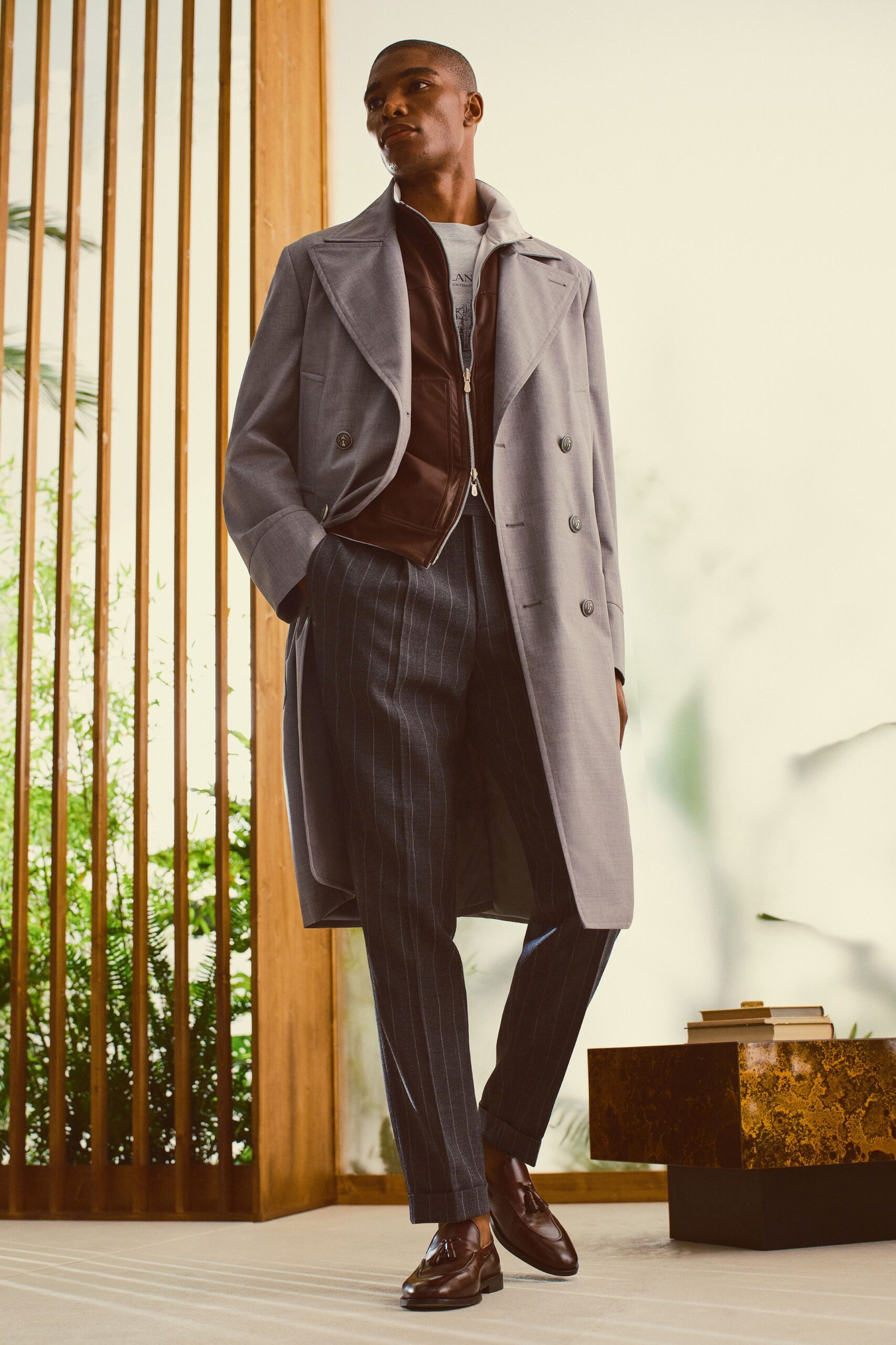 gray wool coat with brown jacket
