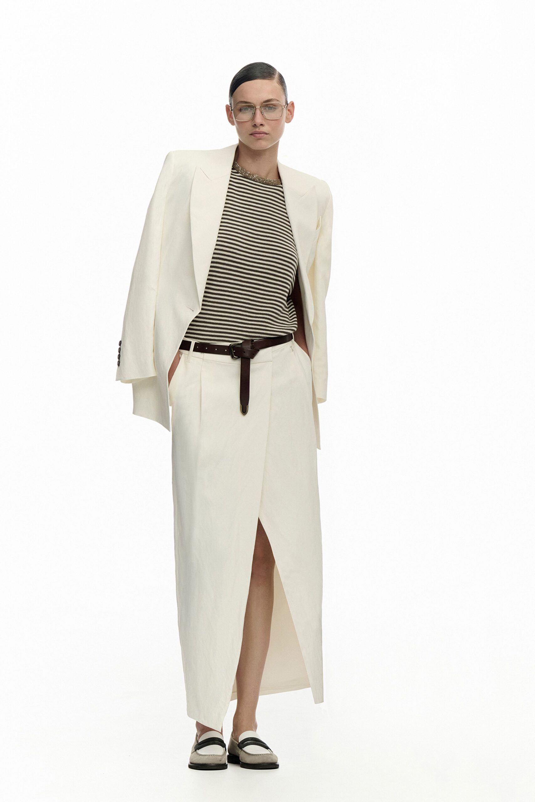white blazer with striped top