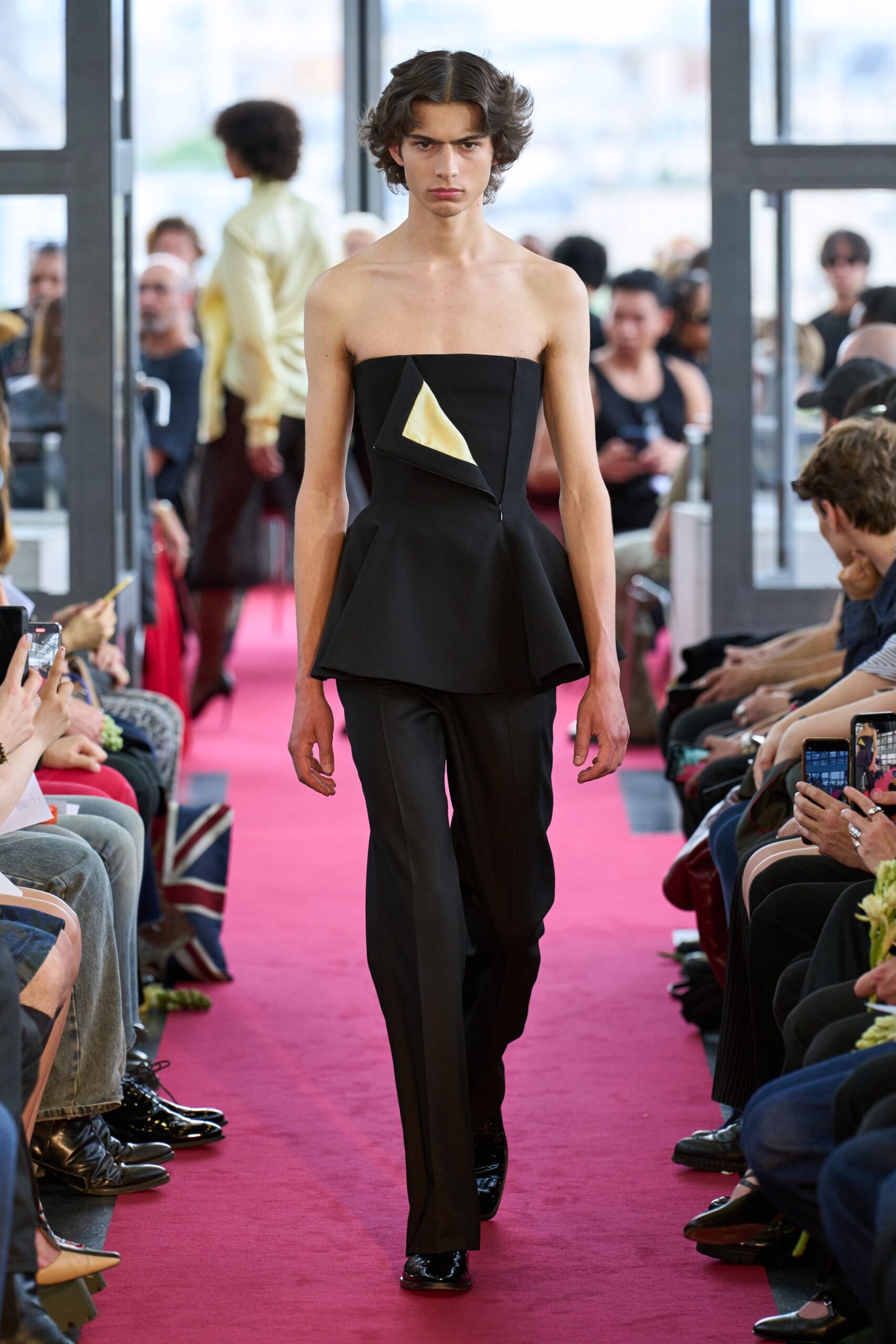 black silk strapless fitted flared color-blocked top