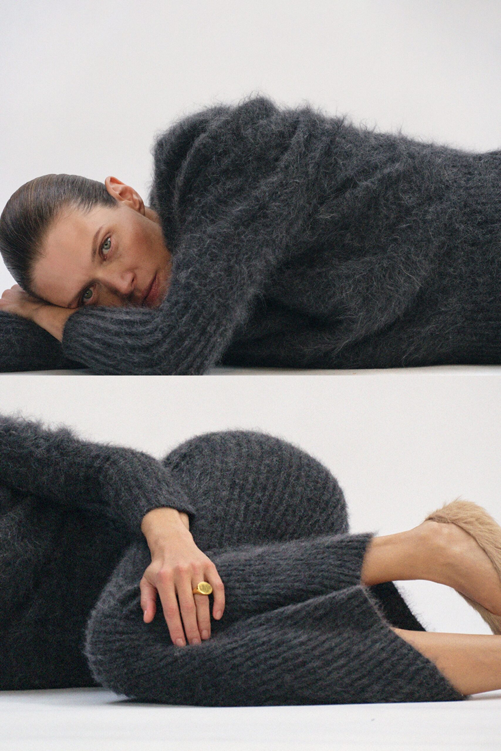gray wool relaxed sweater with beige shoes
