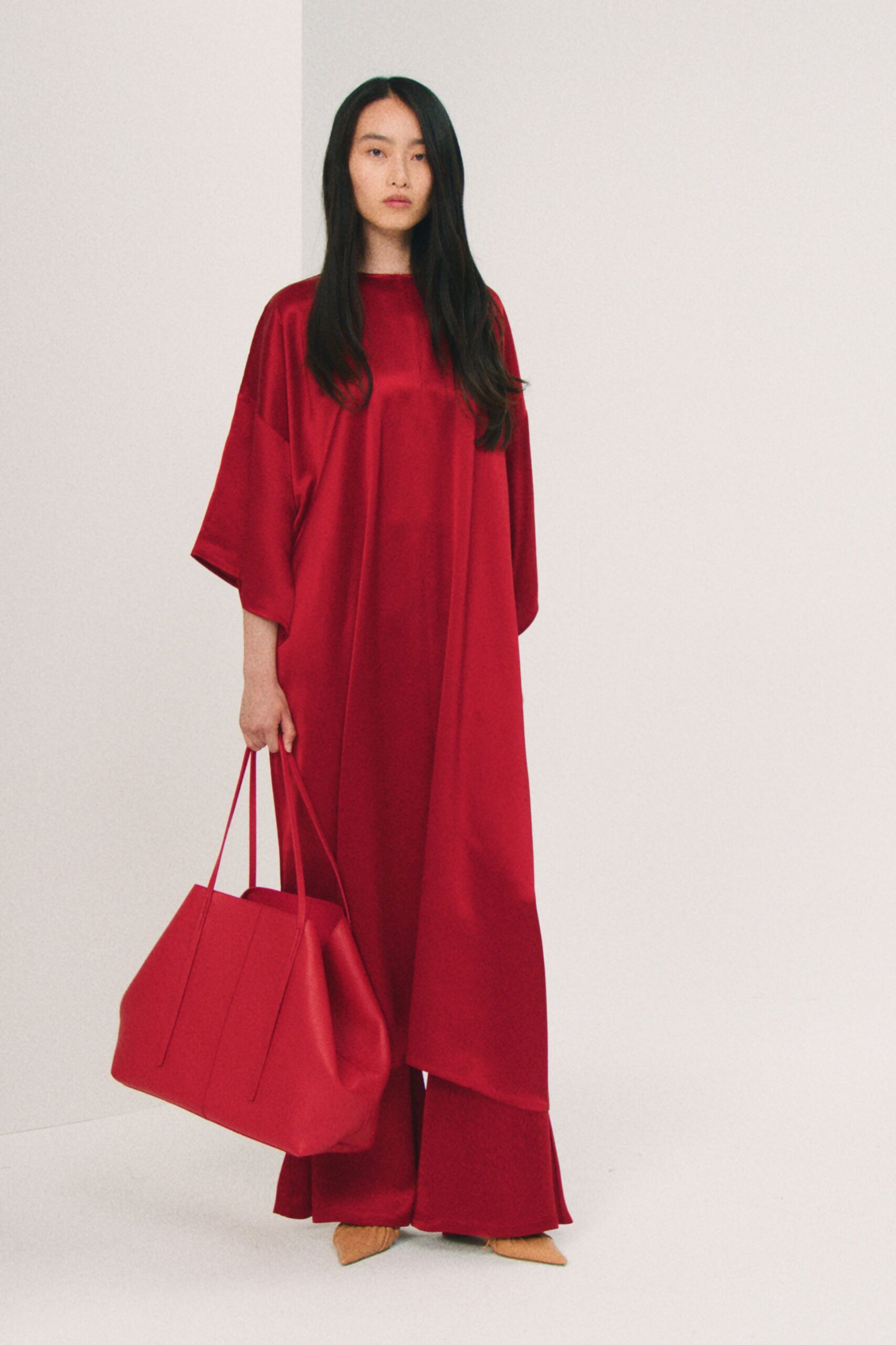 red silk relaxed maxi dress
