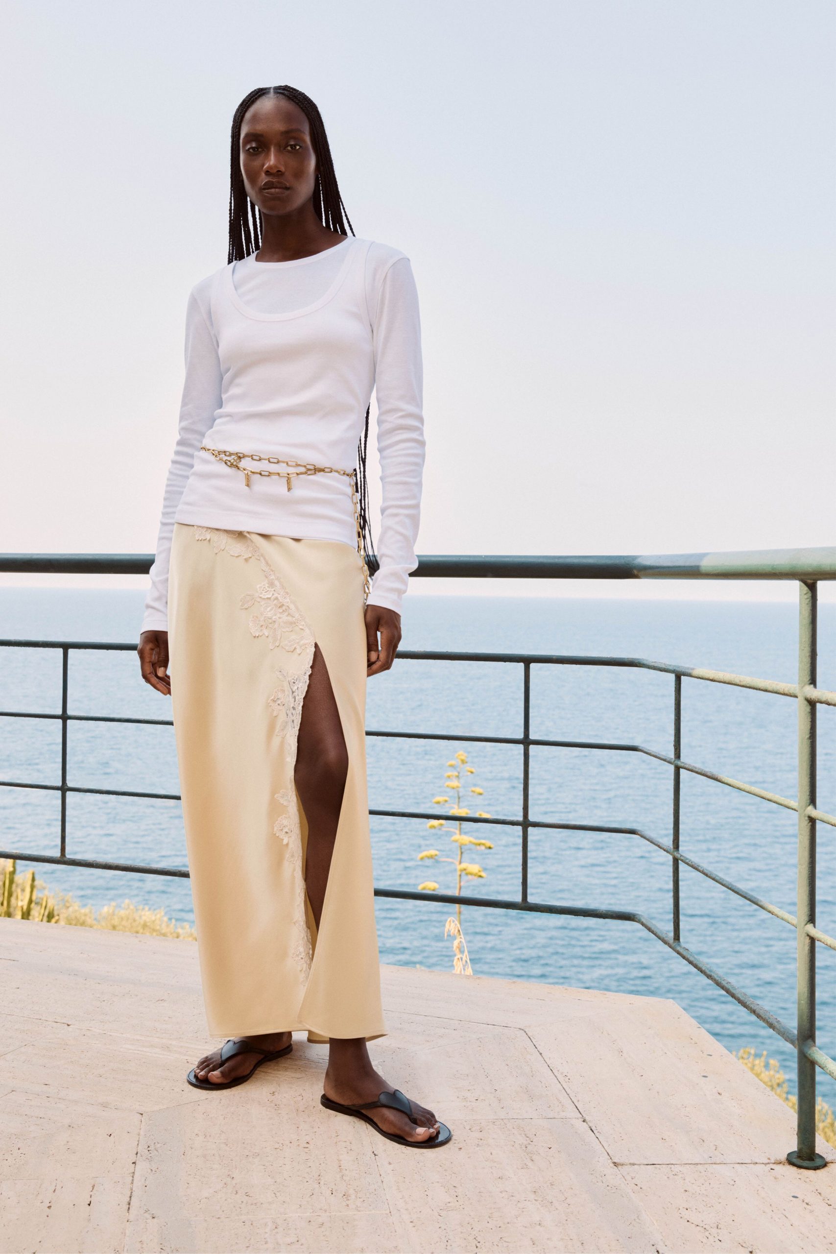 beige silk slit fitted high-waisted embroidered maxi skirt