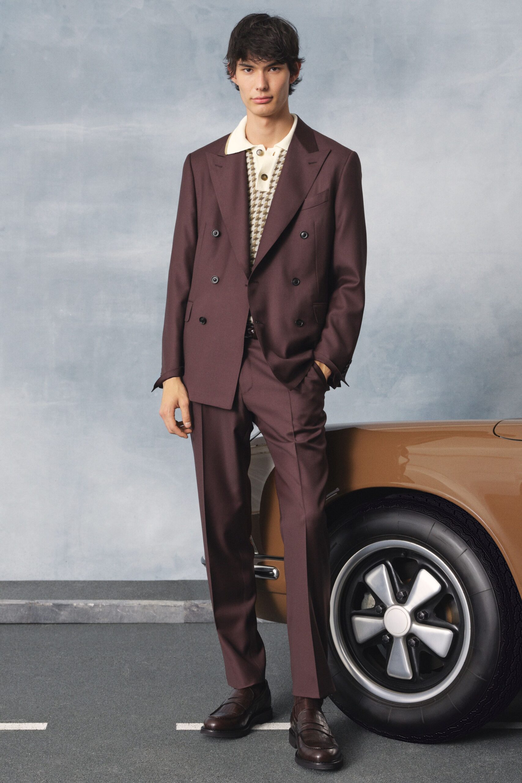 brown wool long-sleeve collared structured buttoned pockets blazer