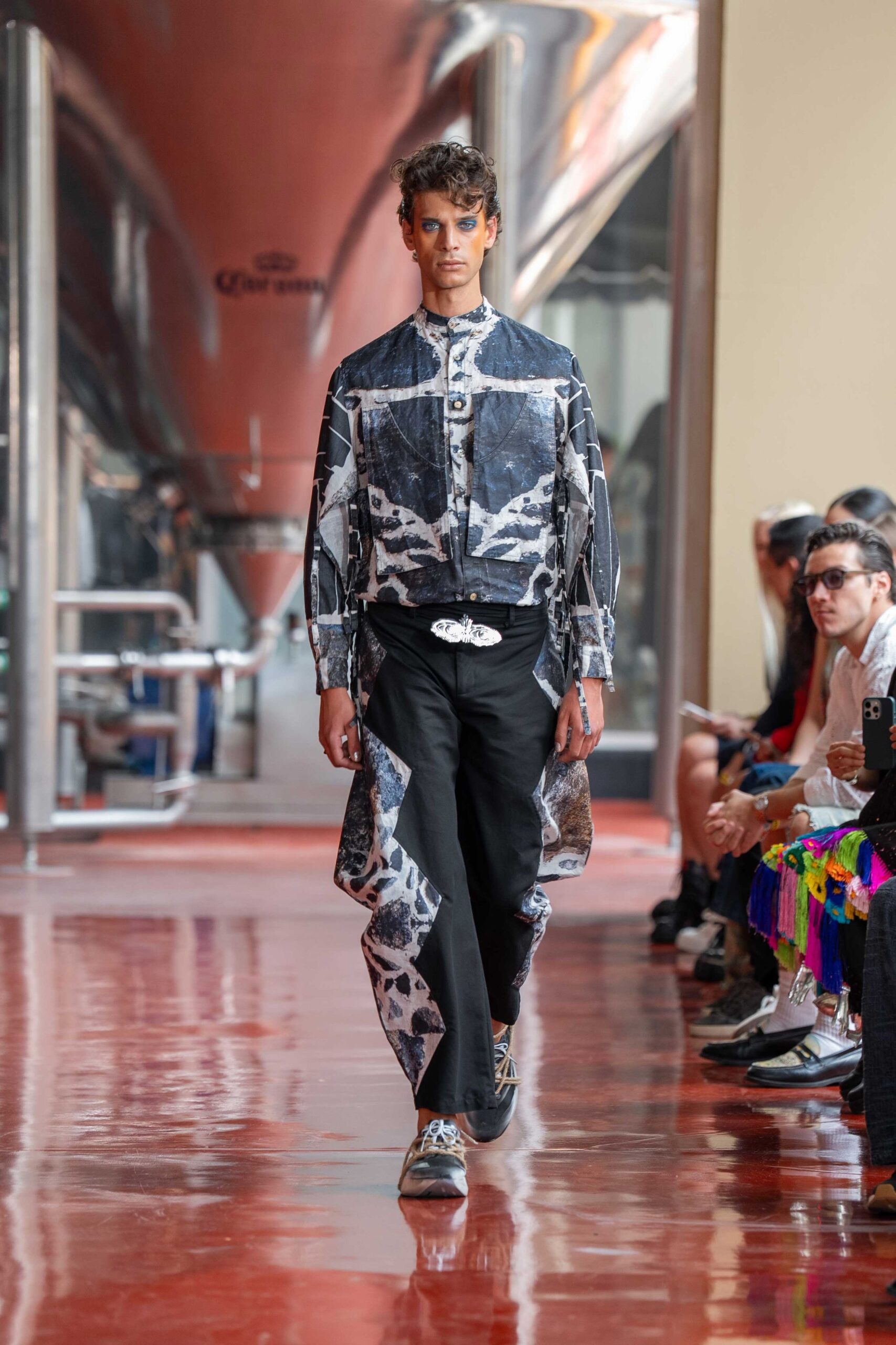 blue denim long-sleeve collared relaxed printed jacket