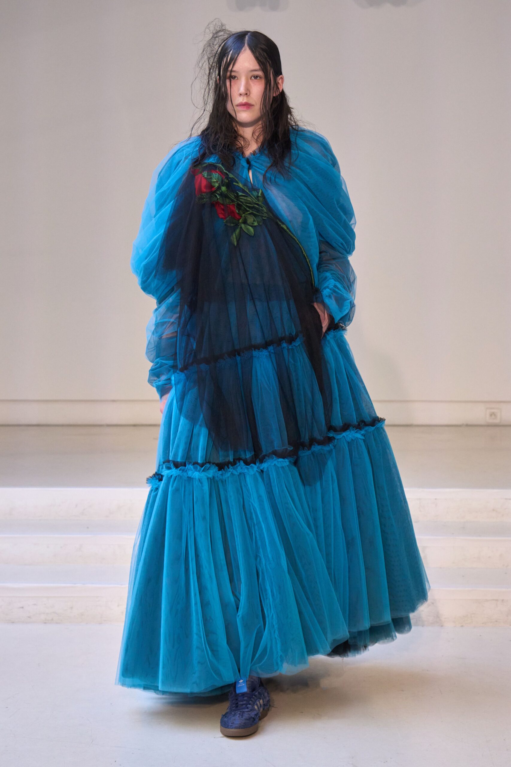 blue tulle layered gown with shoes