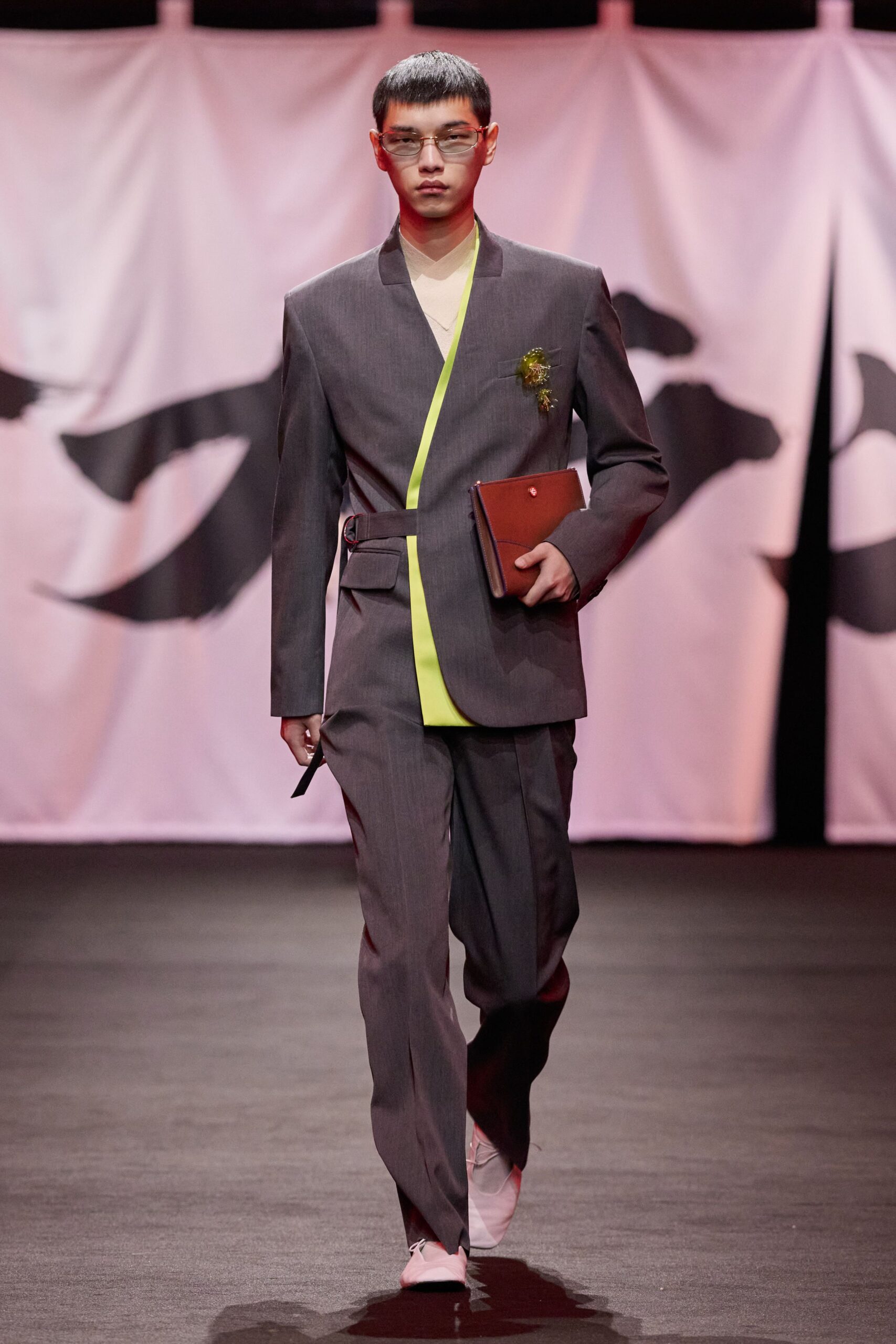 gray tailored suit with yellow details