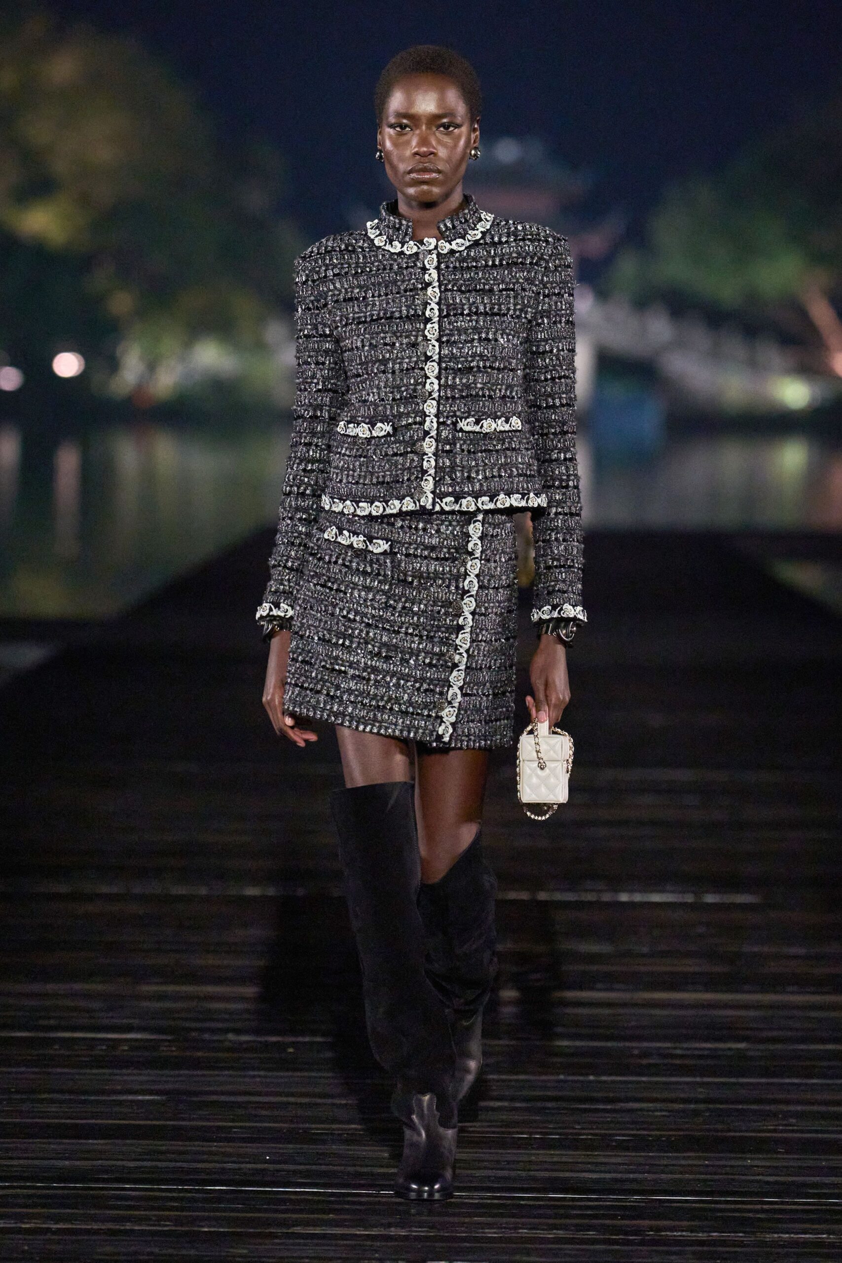 black and white tweed blazer and skirt