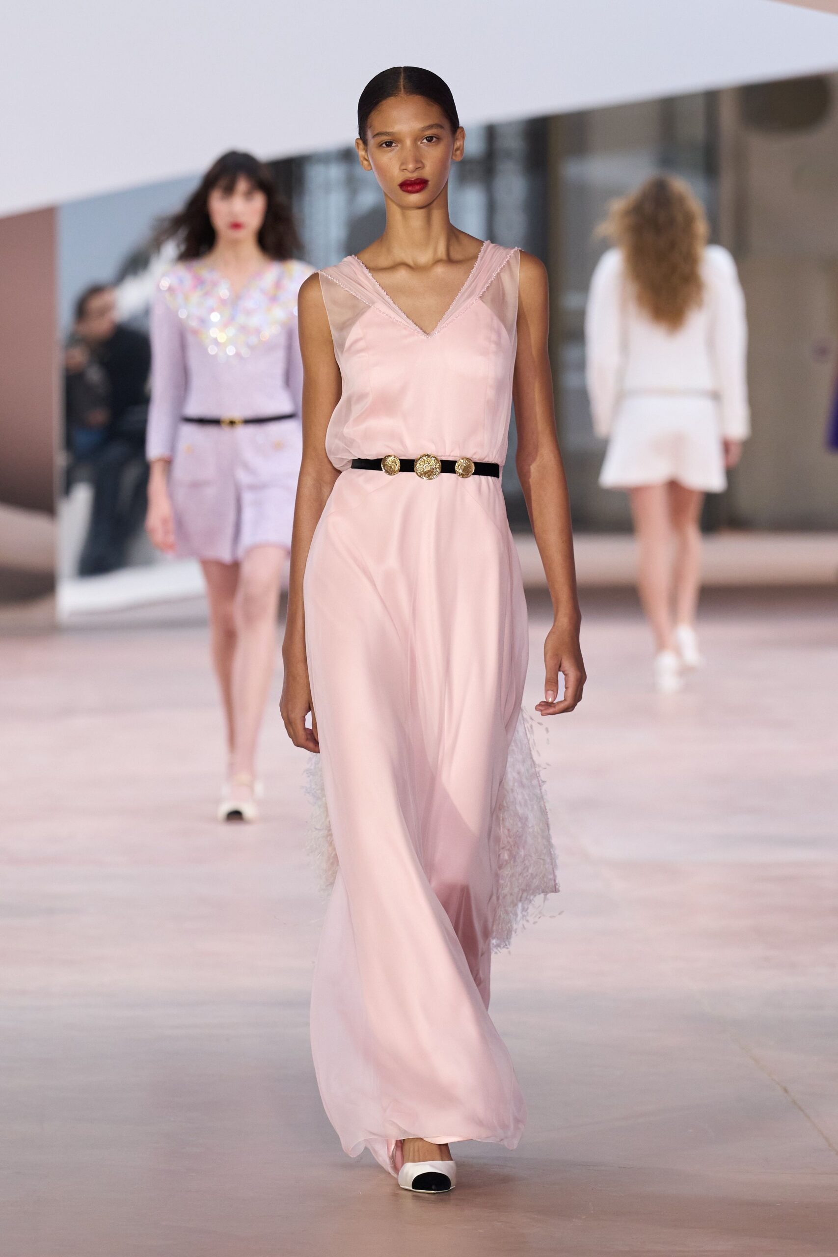 pink silk sleeveless v-neck fitted layered flowing gown