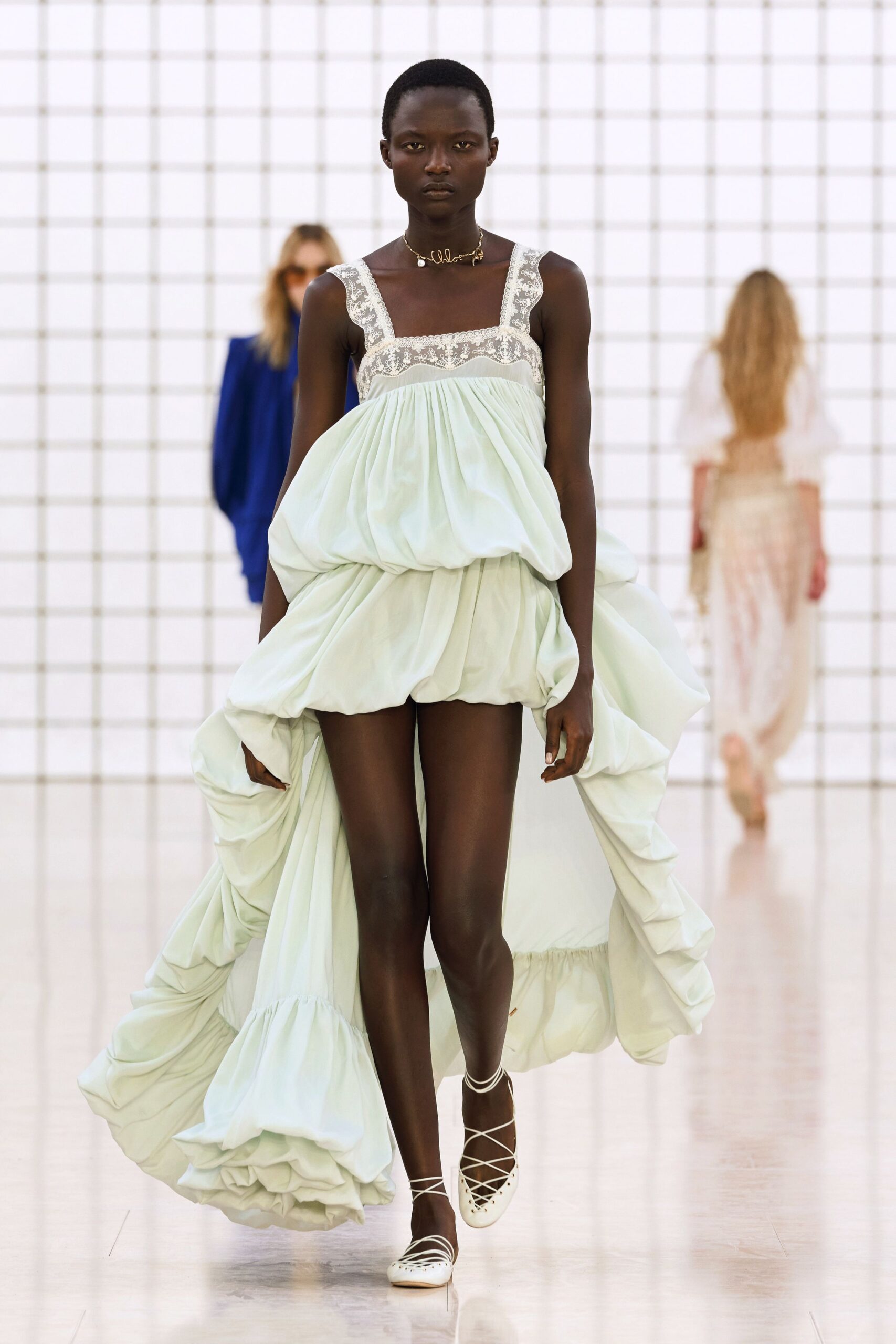 green silk sleeveless v-neck fitted ruffled layered dress