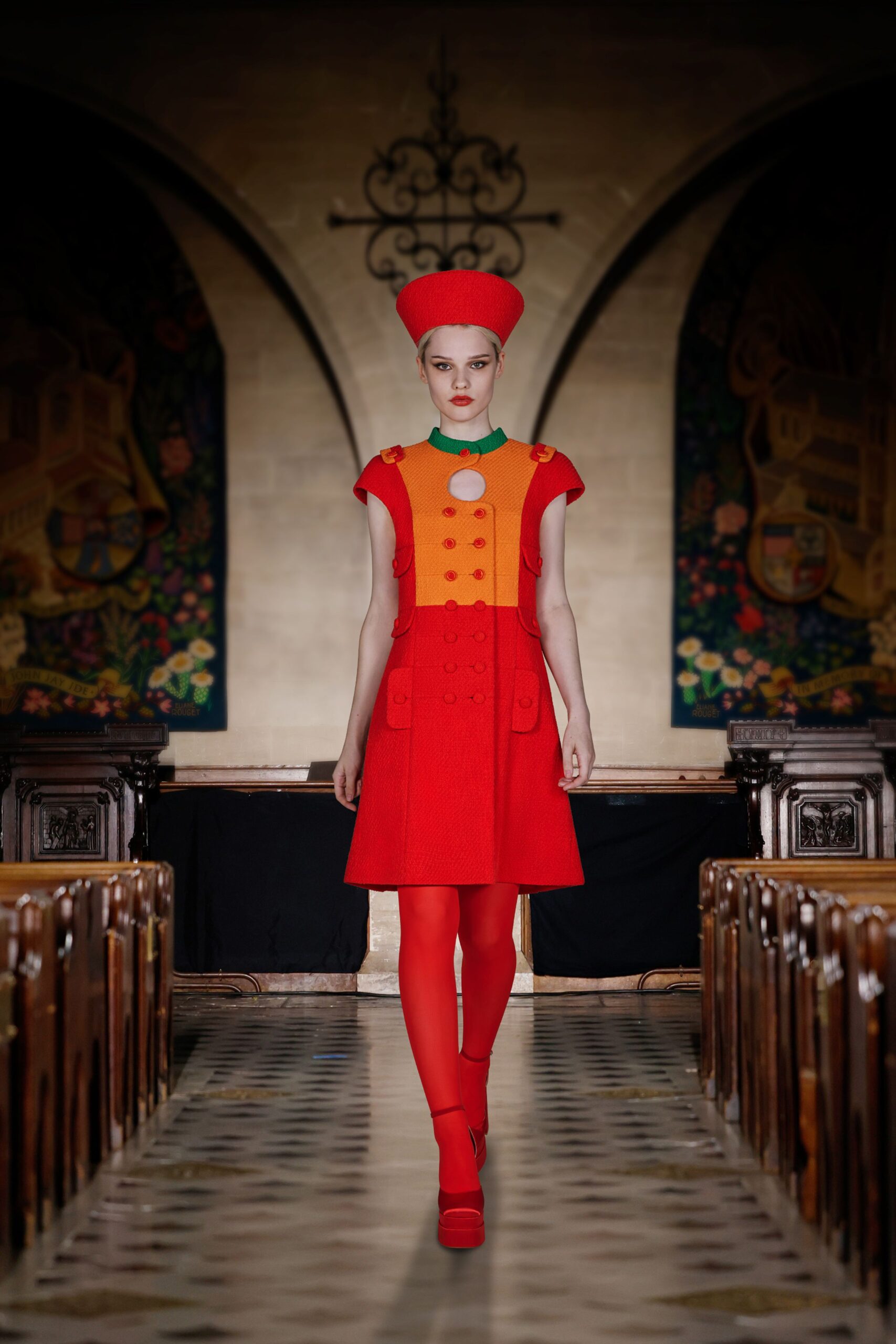 red wool short-sleeve collared fitted buttoned a-line dress