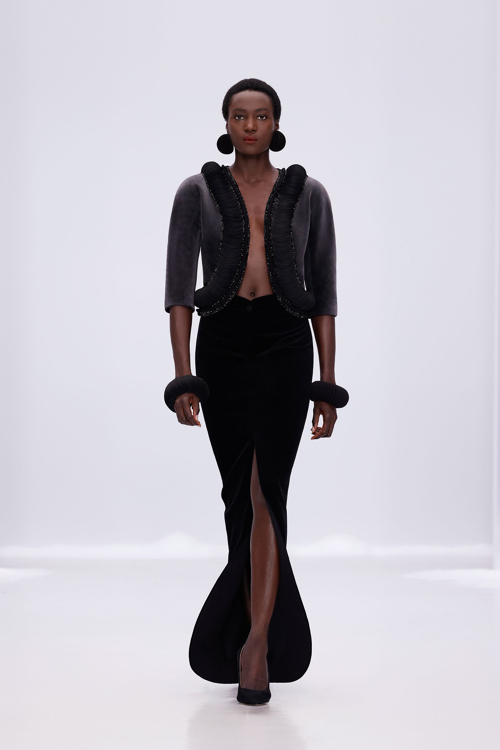 black velvet slit fitted high-waisted flared midi skirt