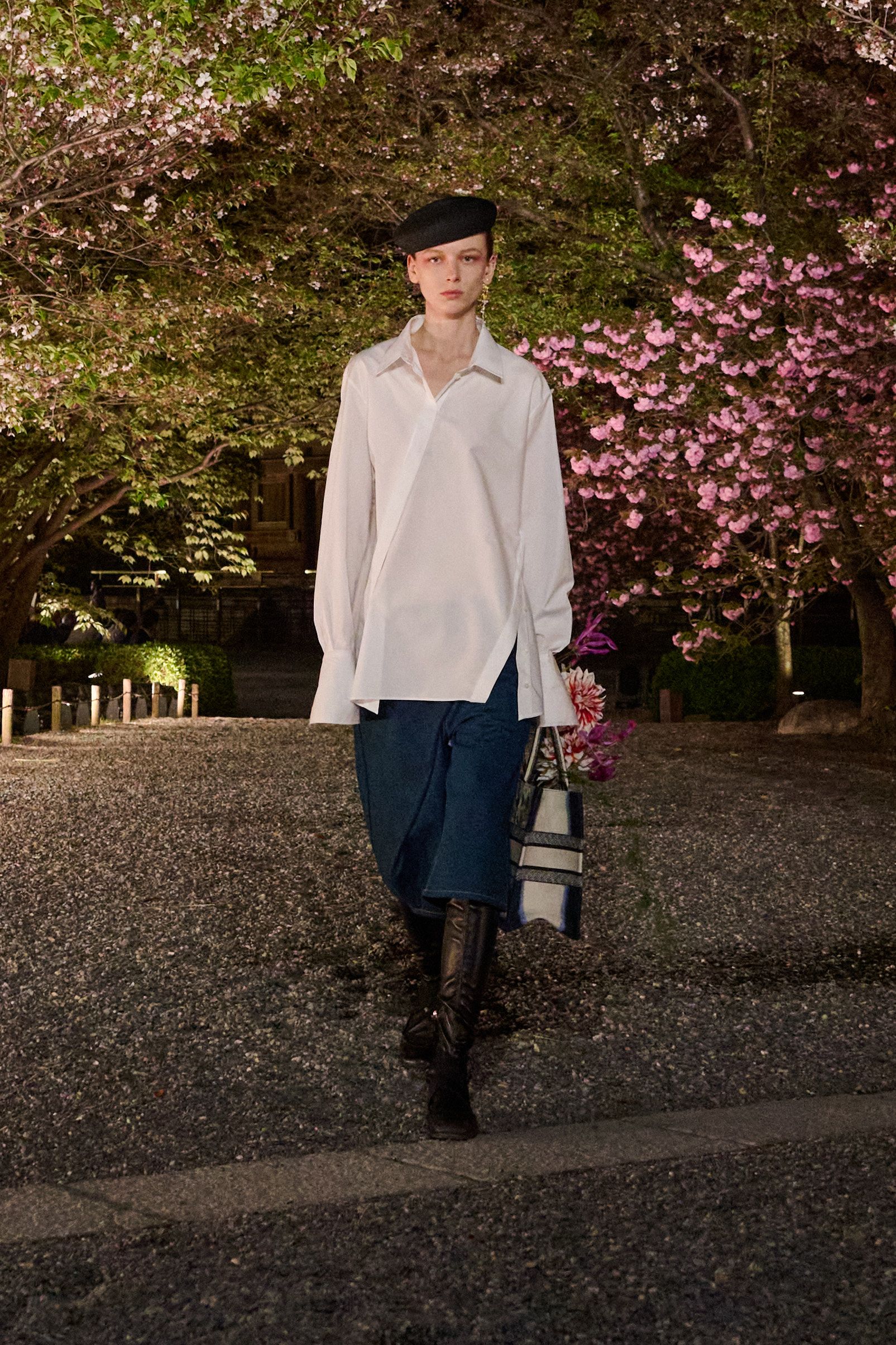 white shirt blue denim skirt