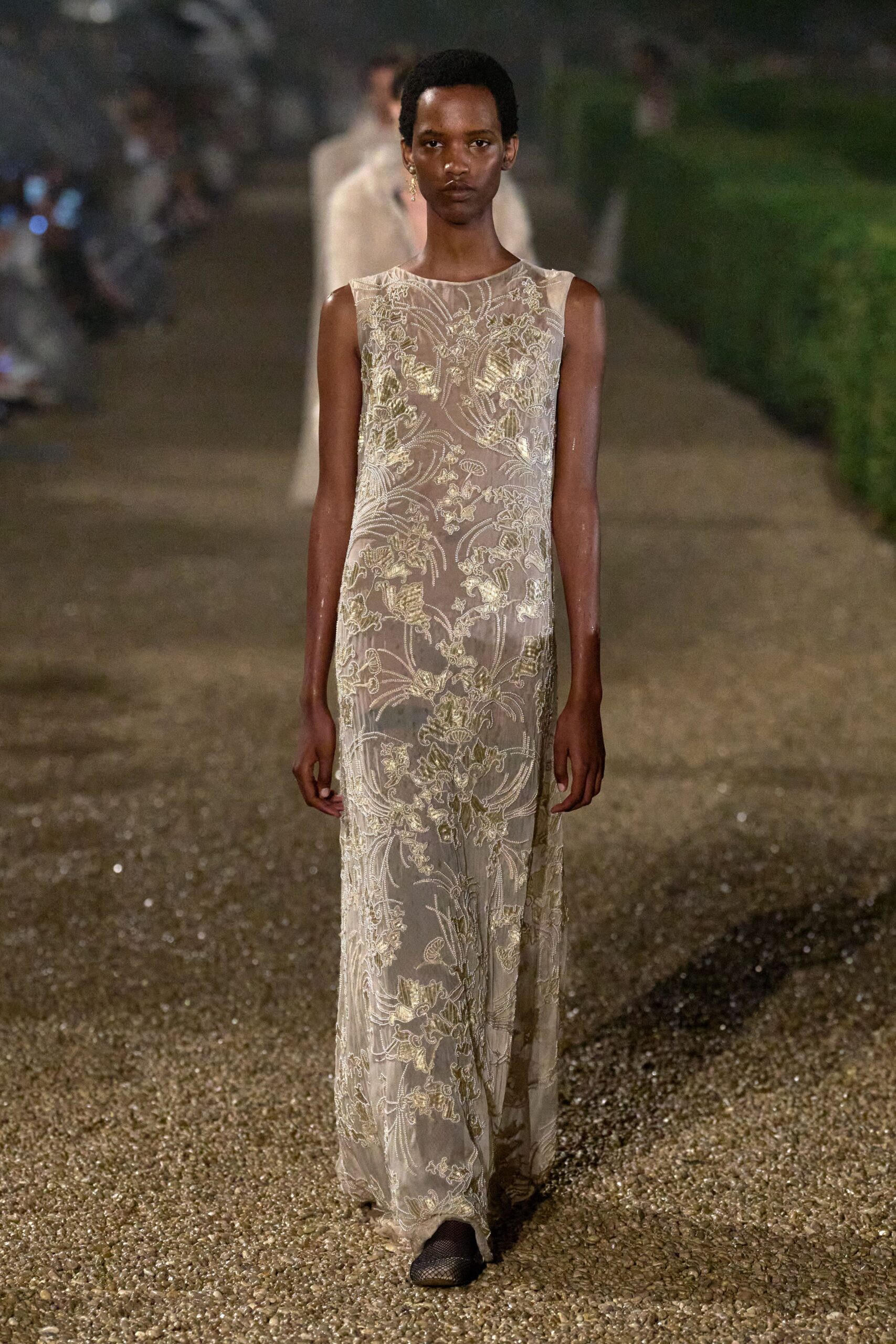 beige mesh sleeveless high-neck fitted floral embroidered gown