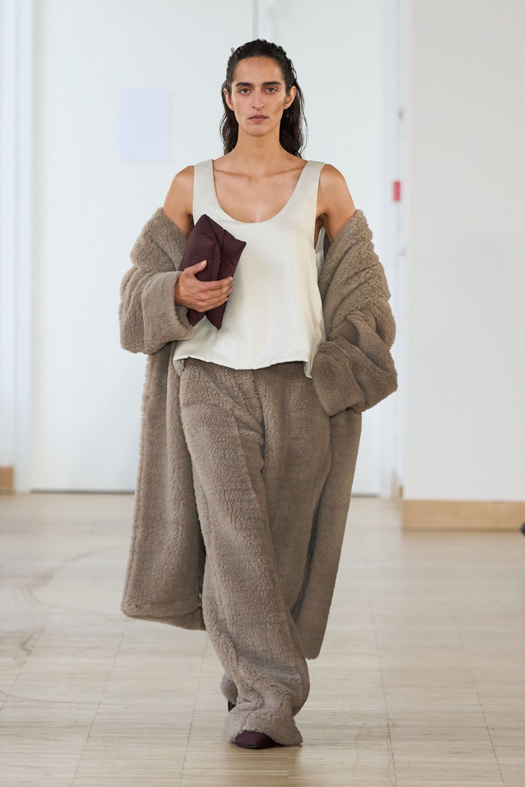 brown faux-fur coat with white top