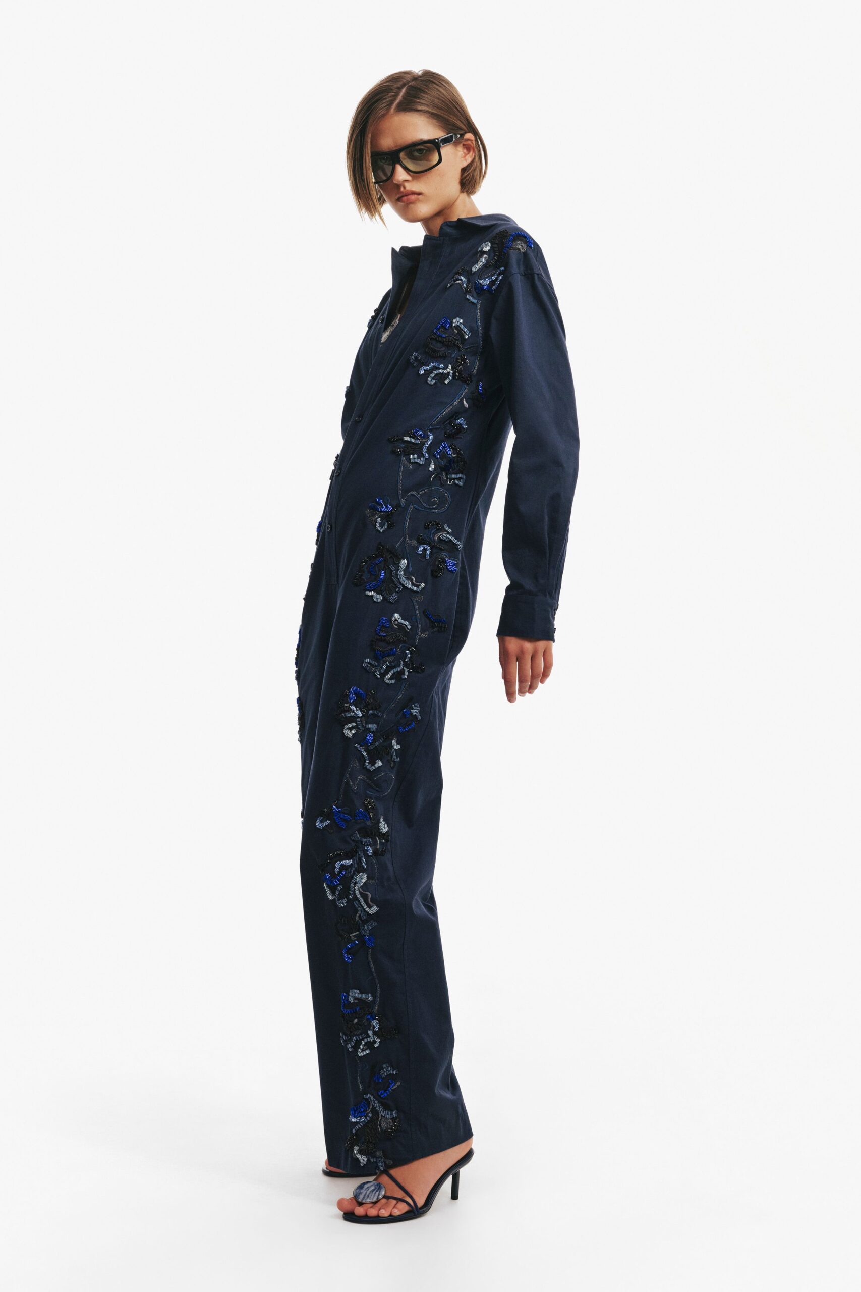blue cotton long-sleeve collared fitted embroidered jumpsuit