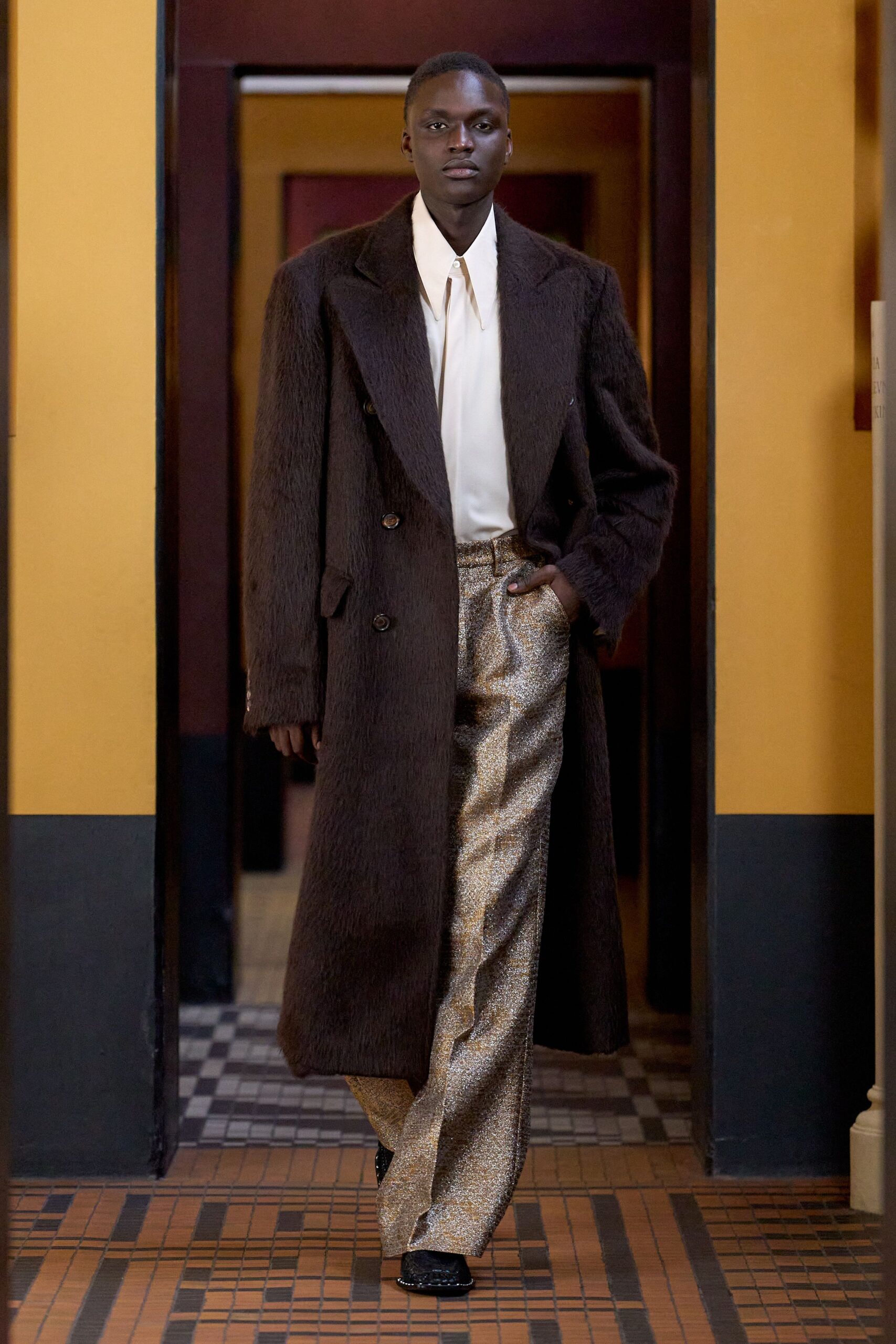 gold silk tailored wide-leg pants