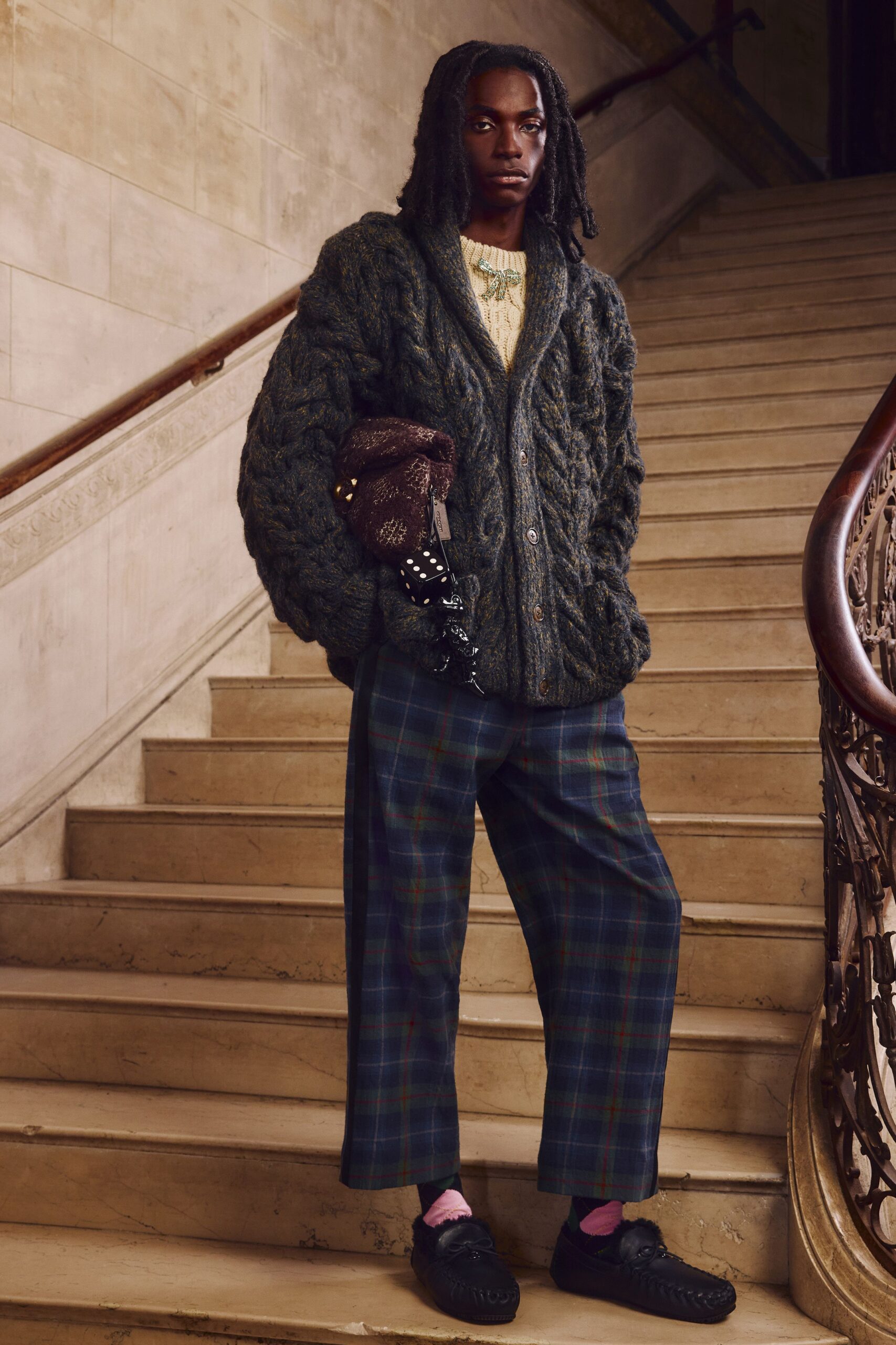 gray wool cardigan with plaid pants