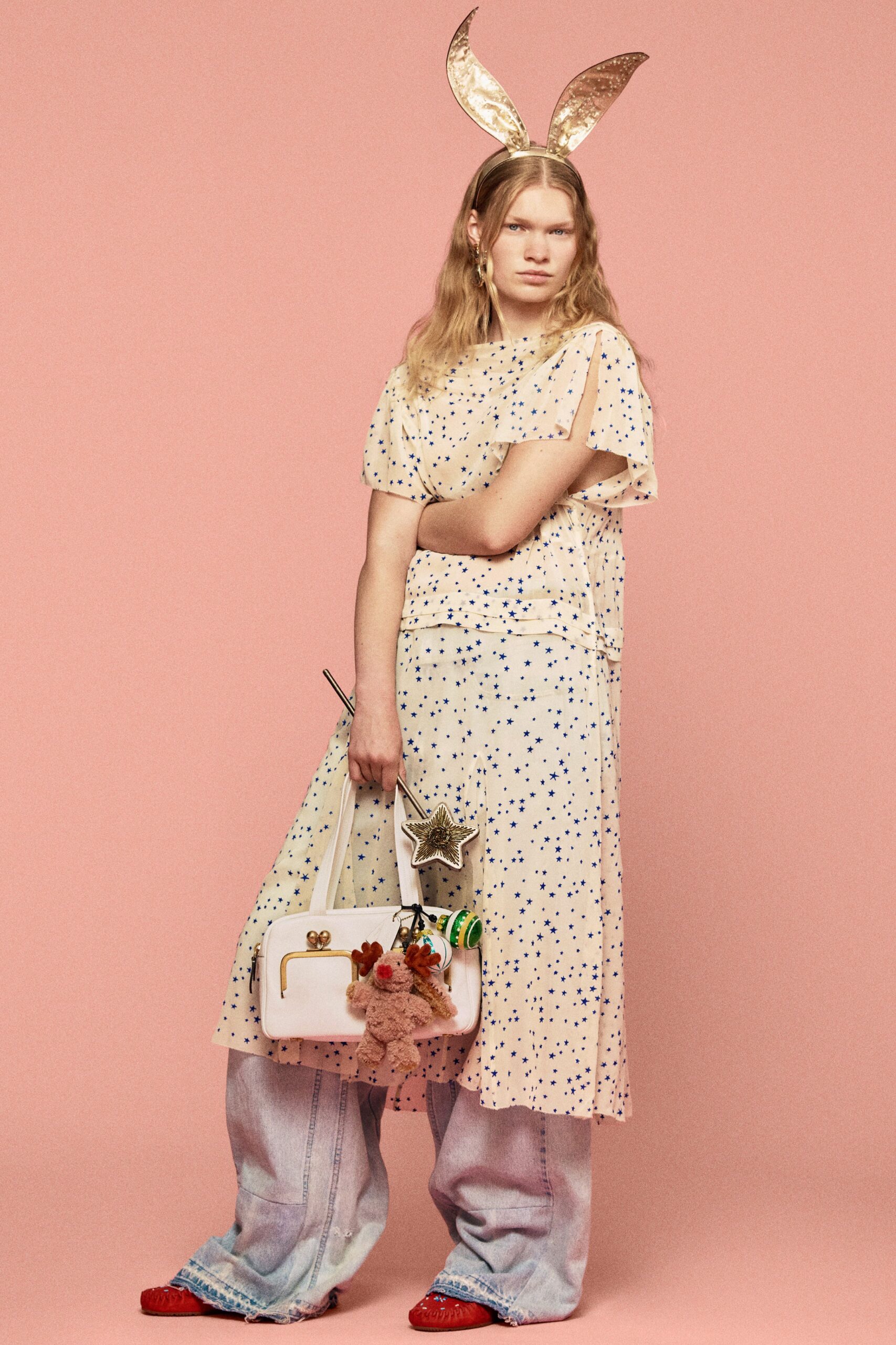white cotton short-sleeve high-neck relaxed polka-dot tiered dress