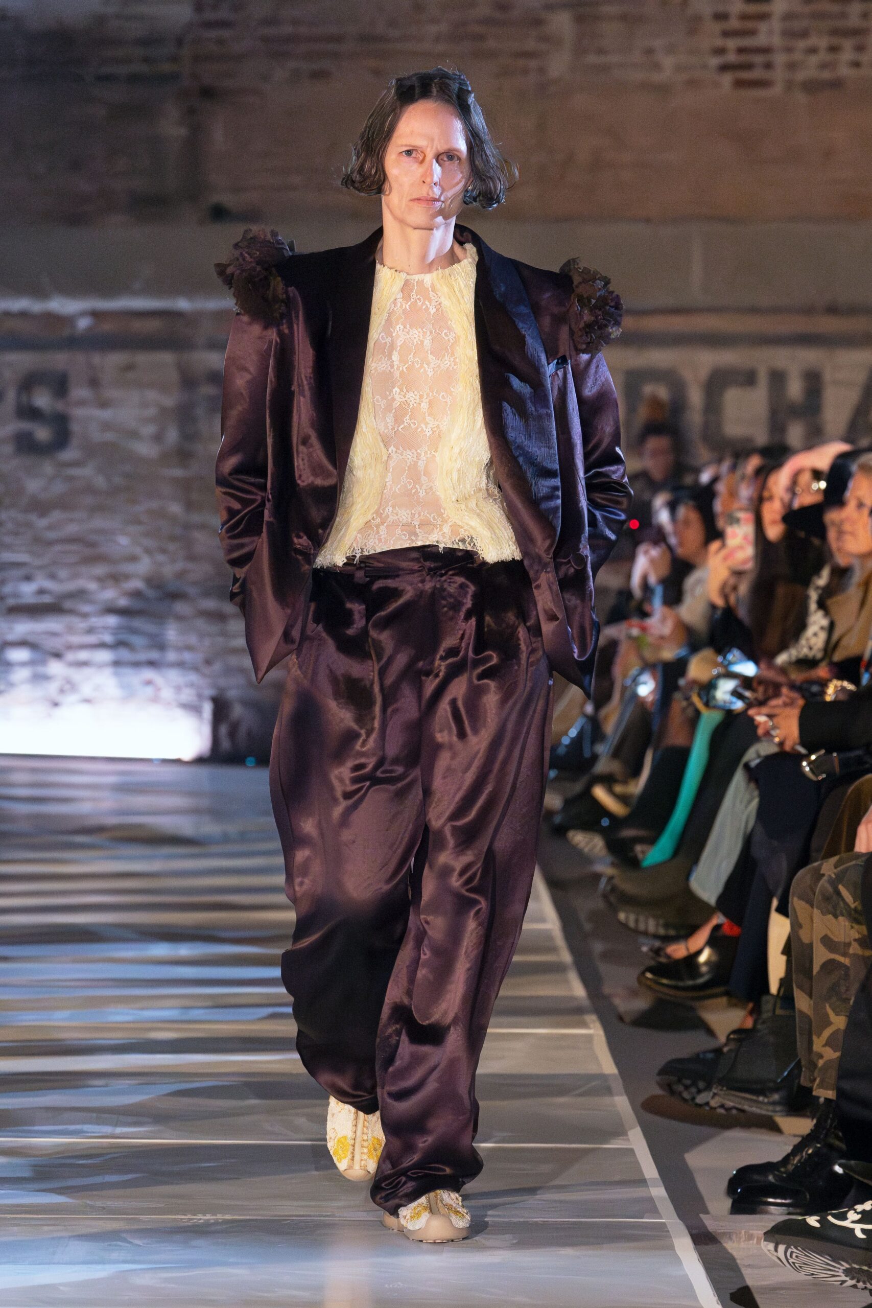 purple silk suit with lace top