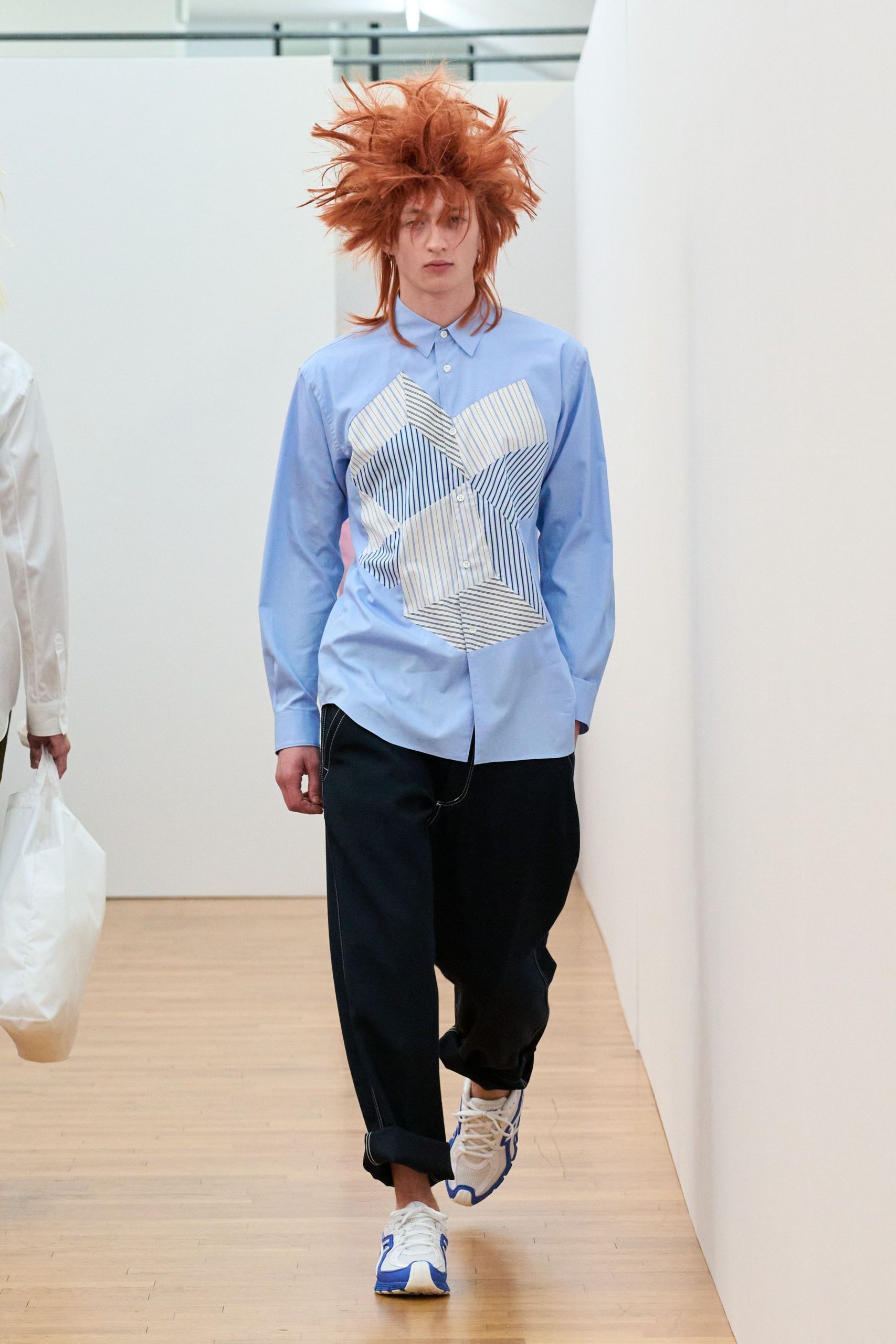 blue printed shirt with black pants