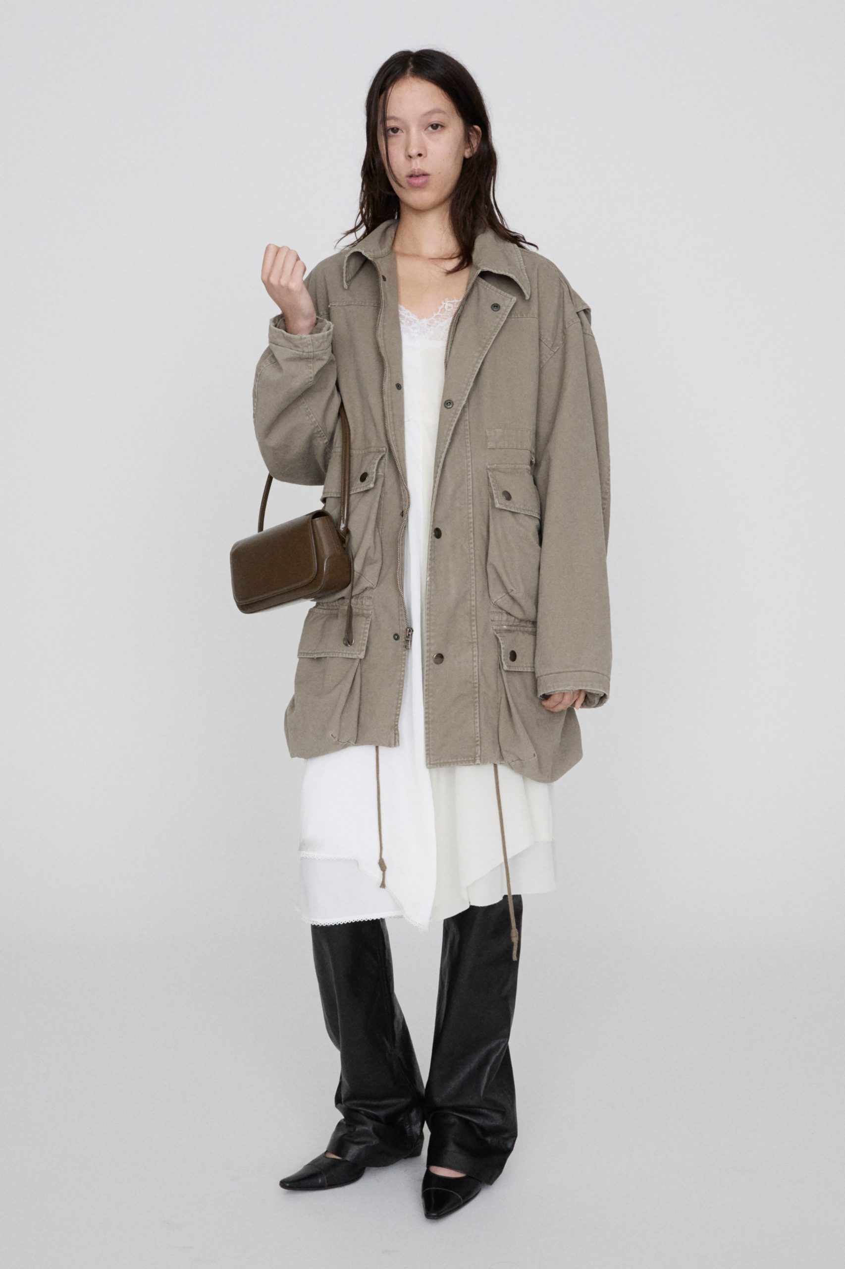 oversized beige jacket with white dress