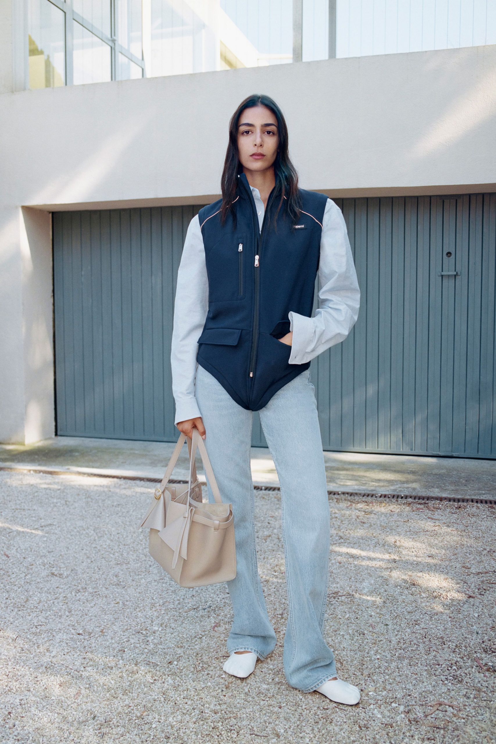 blue jacket white shirt flared pants