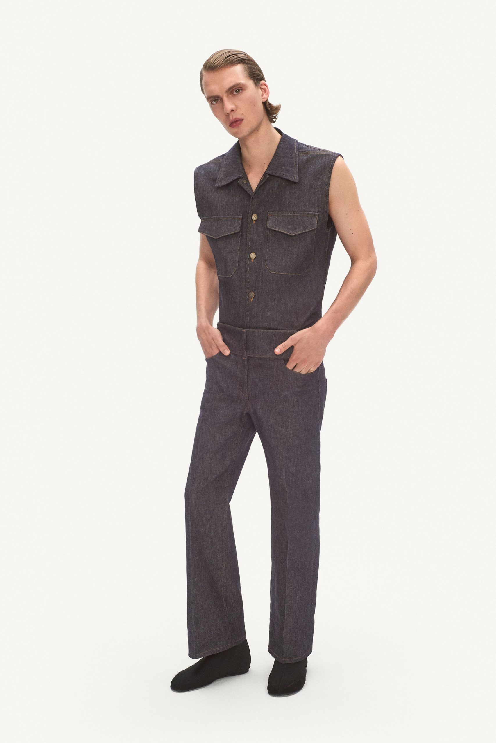blue denim sleeveless collared fitted buttoned shirt