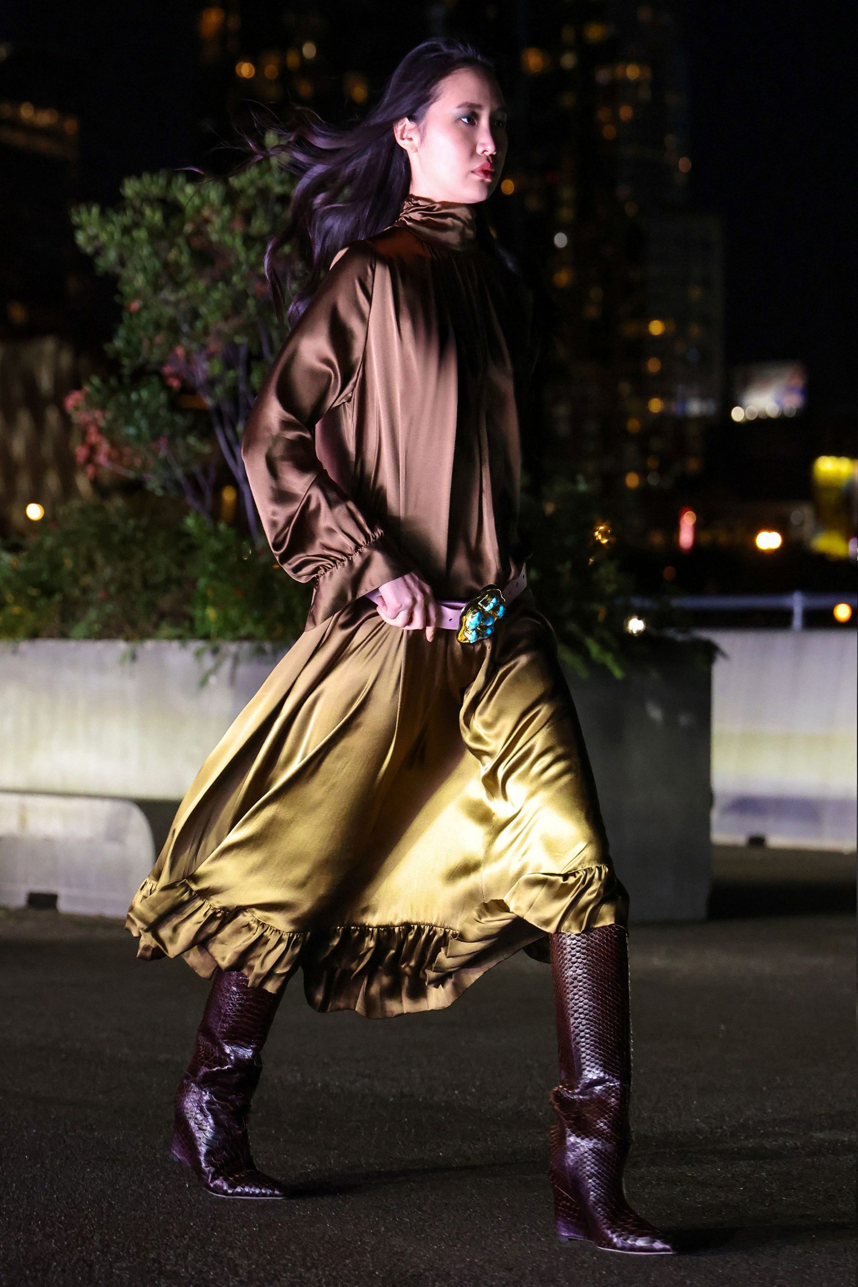 brown silk long-sleeve high-neck relaxed ruffled flowing dress