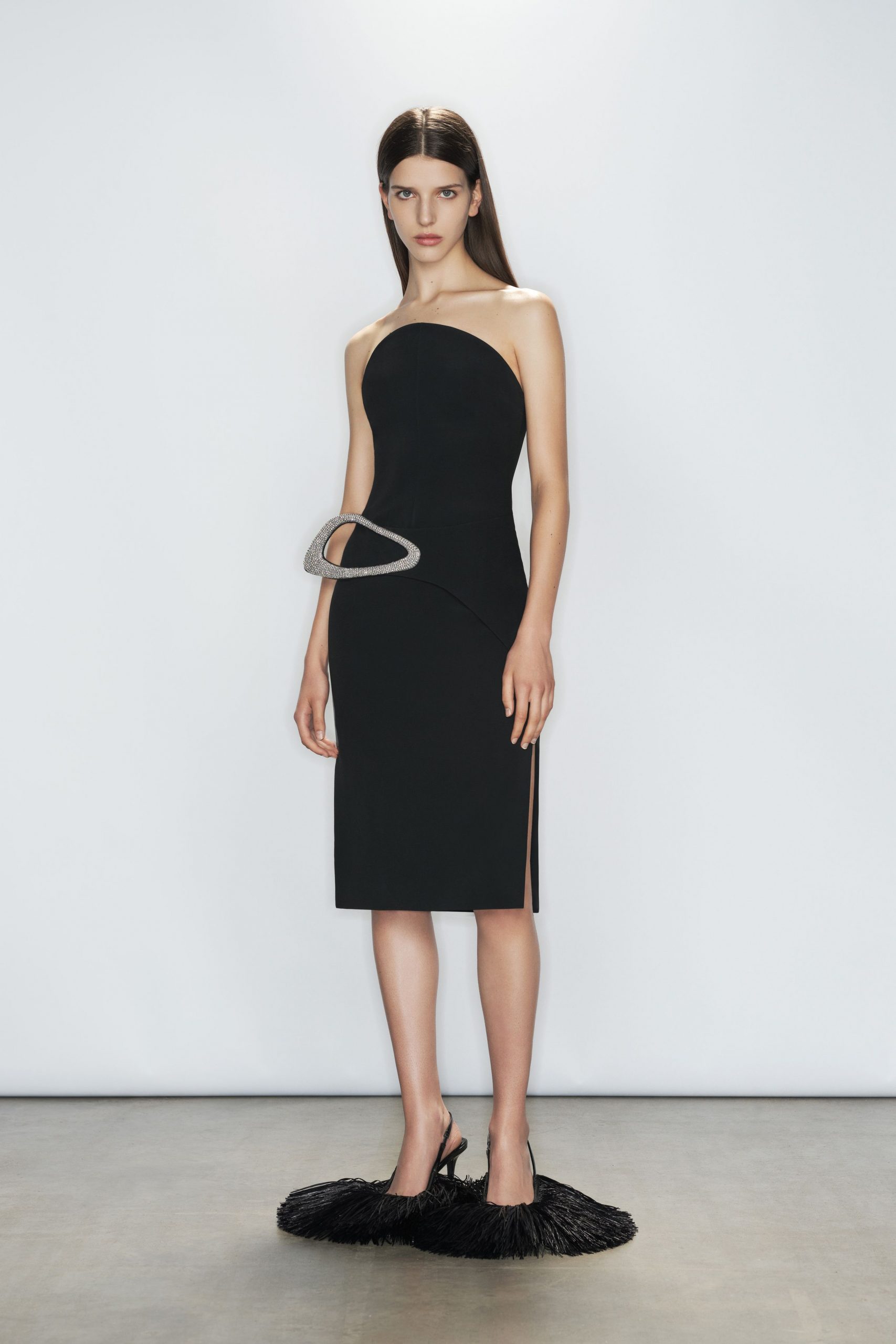 black fitted strapless midi dress
