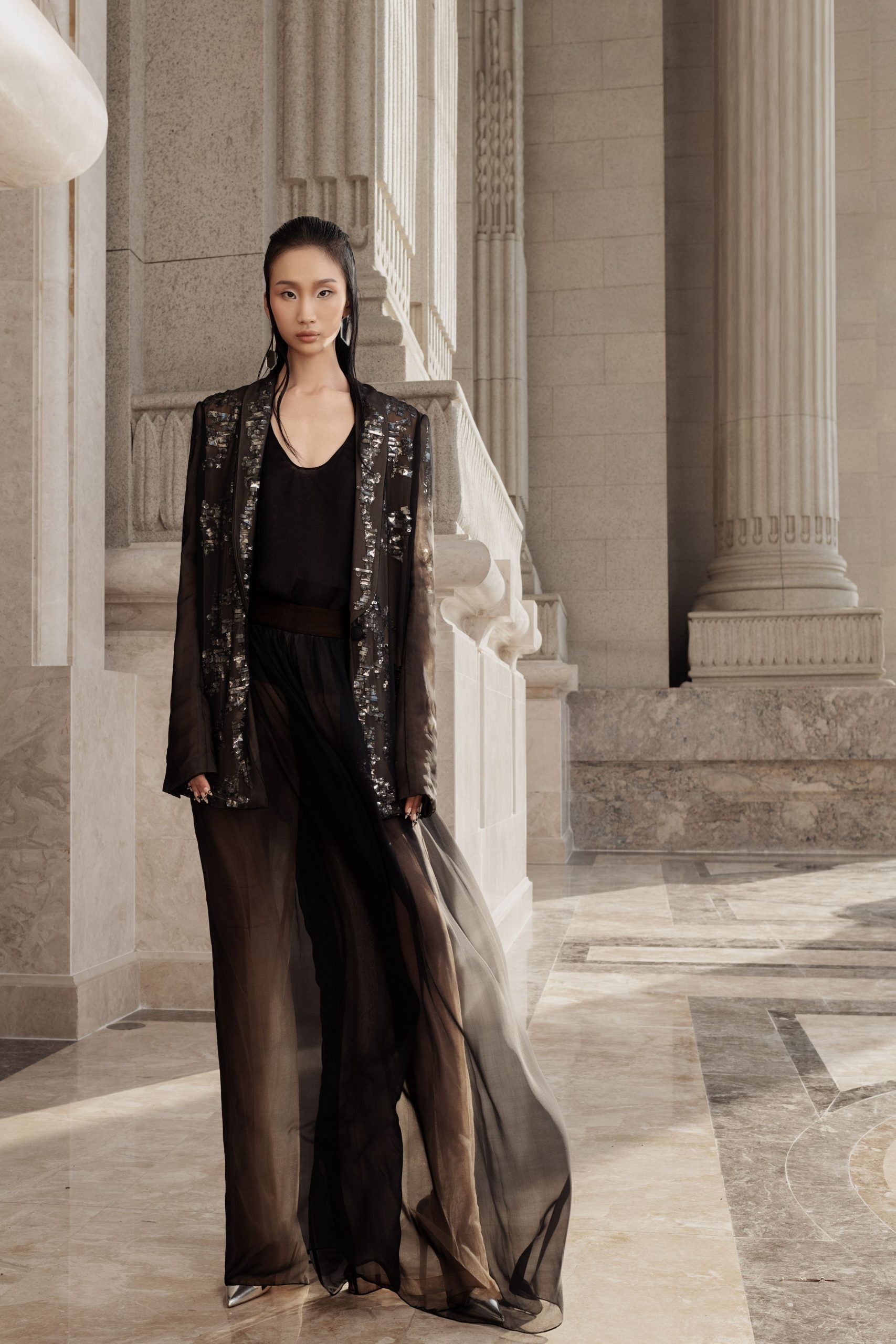black silk relaxed layered flowing pants