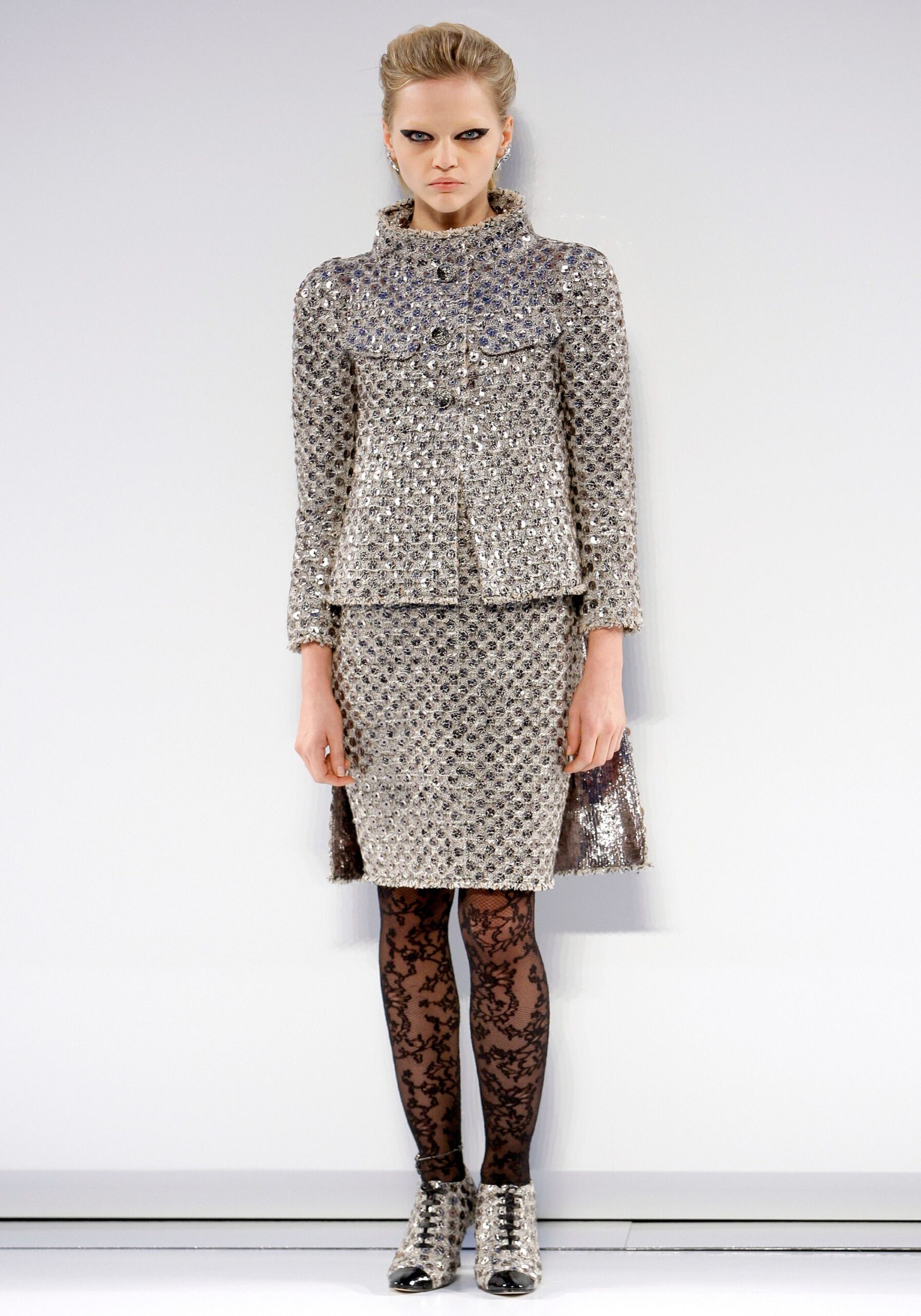 gray sequin long-sleeve high-neck structured embellished buttoned jacket