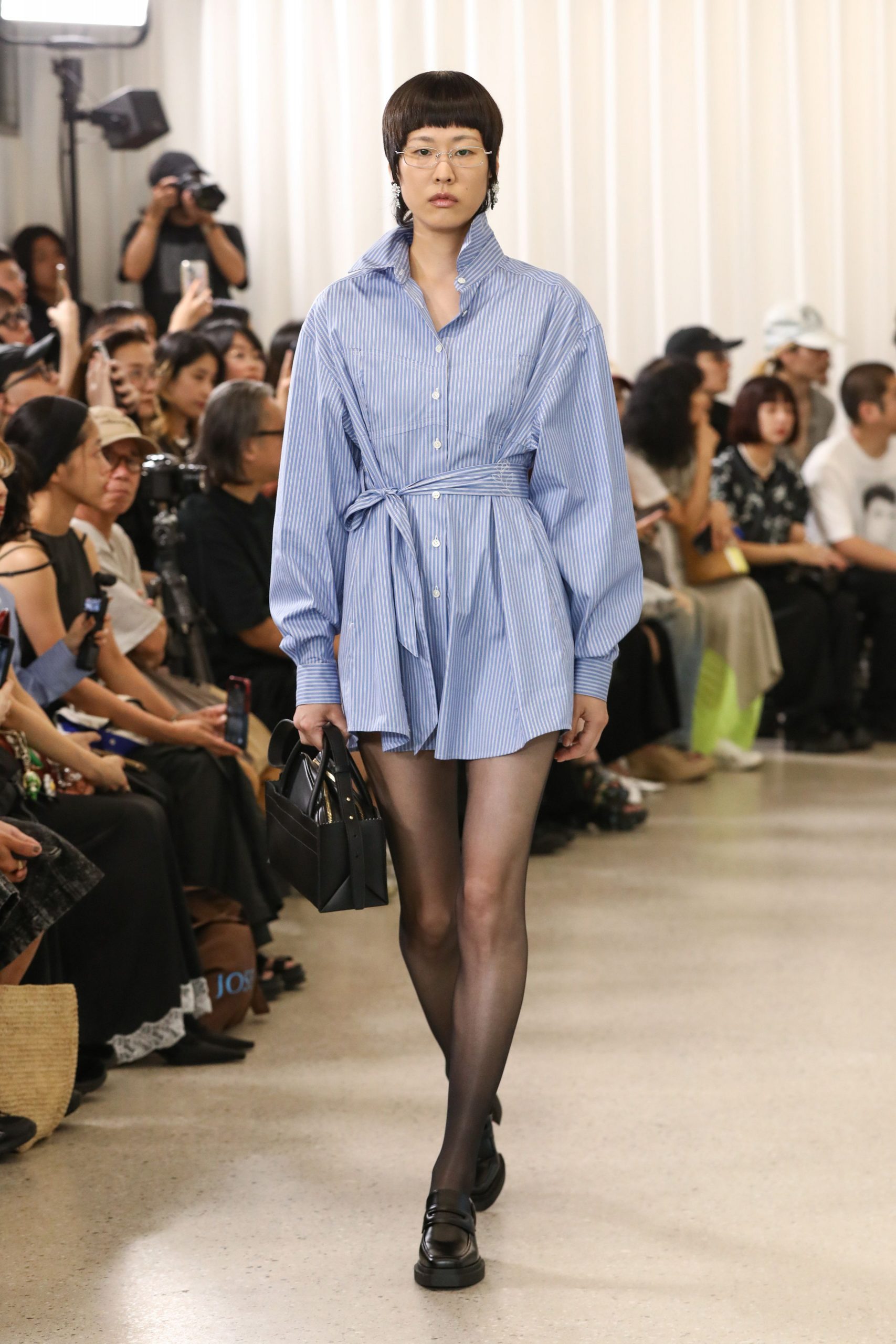 blue cotton long-sleeve collared relaxed striped buttoned shirt-dress