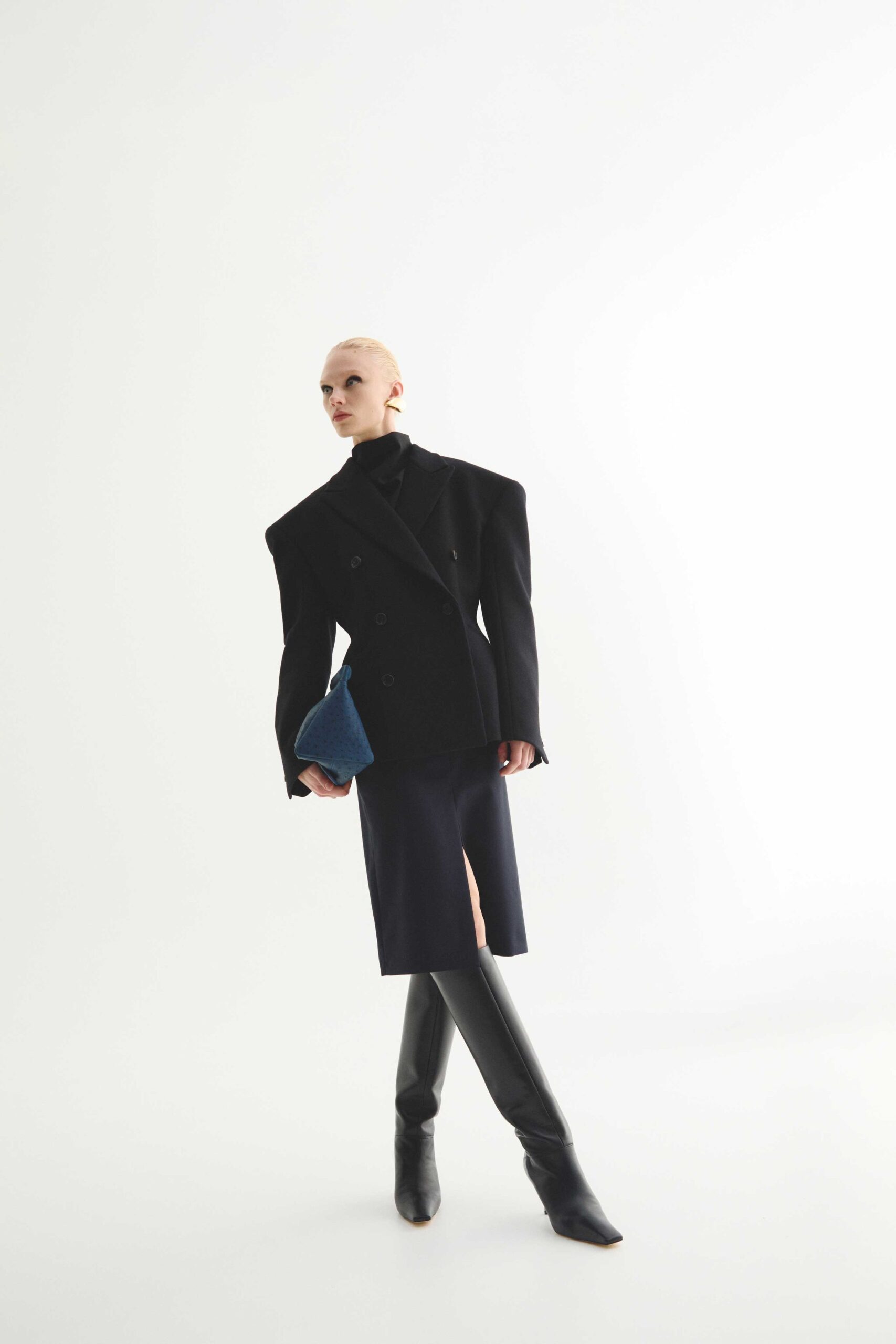 blue cotton slit fitted pencil skirt