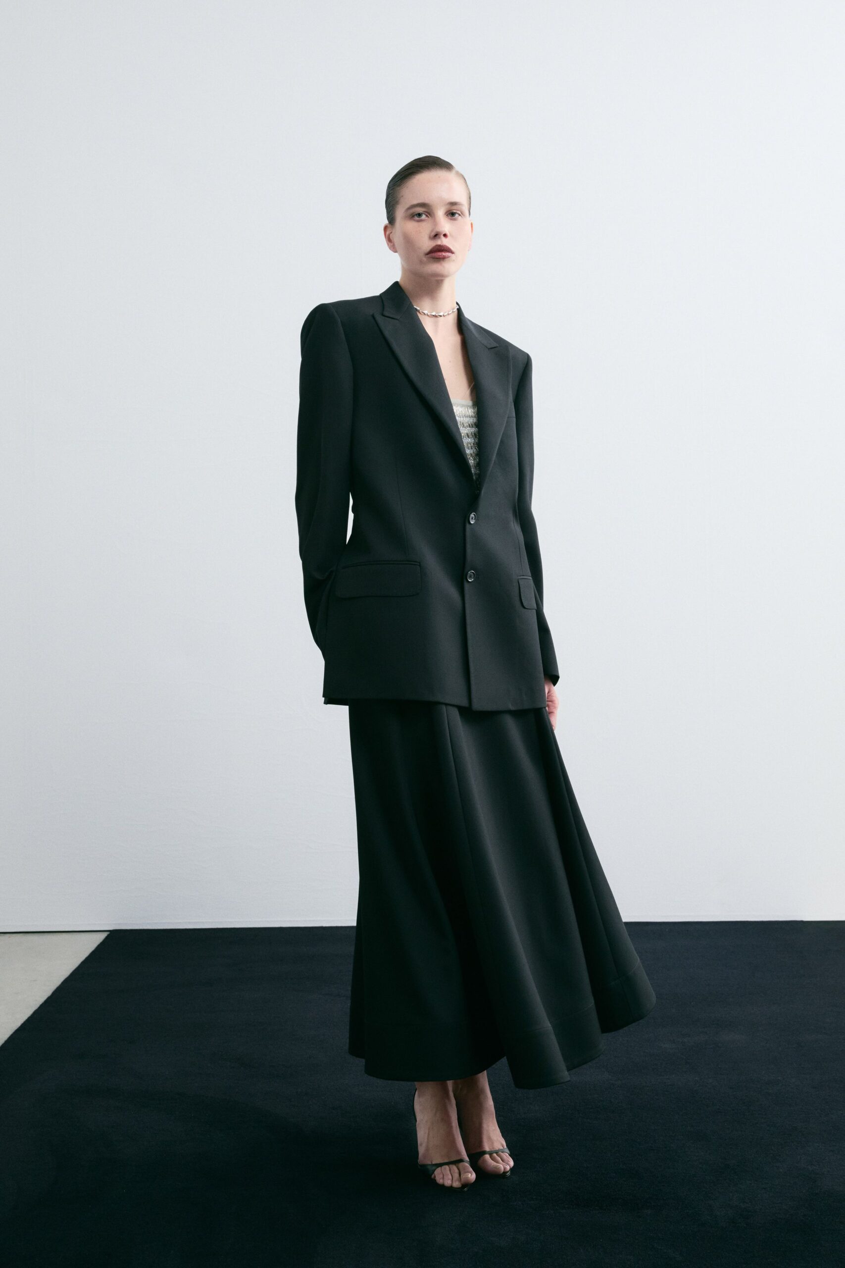 black wool relaxed flared flowing maxi skirt