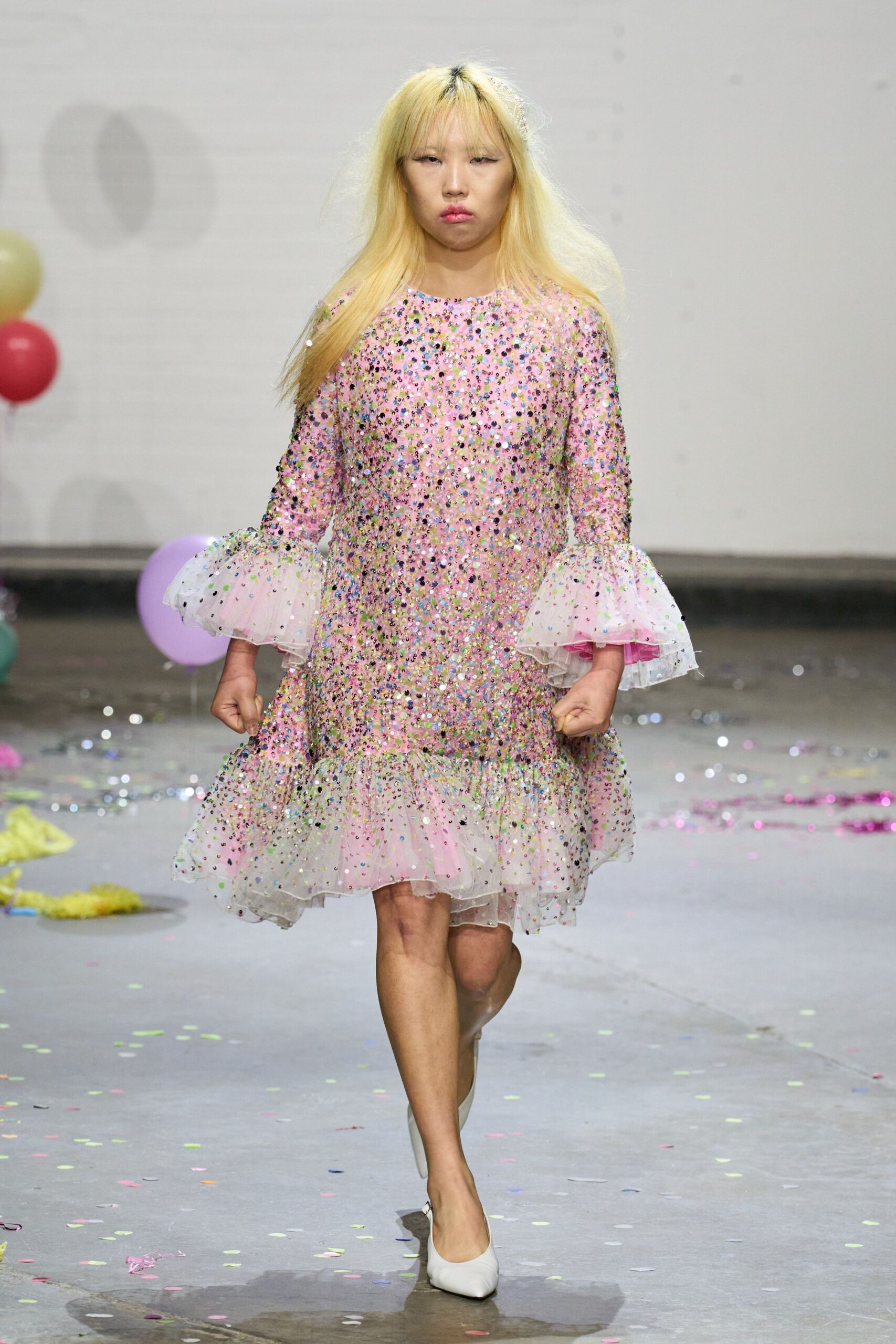 pink tulle long-sleeve fitted ruffled sequined sheer dress